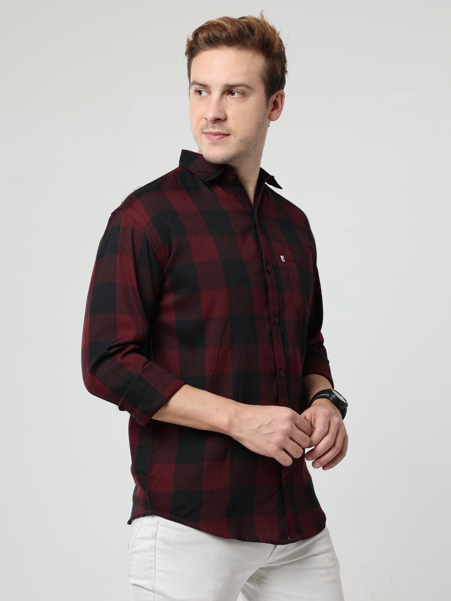 Cotton Tomtom Mens Maroon Plaid Shirt