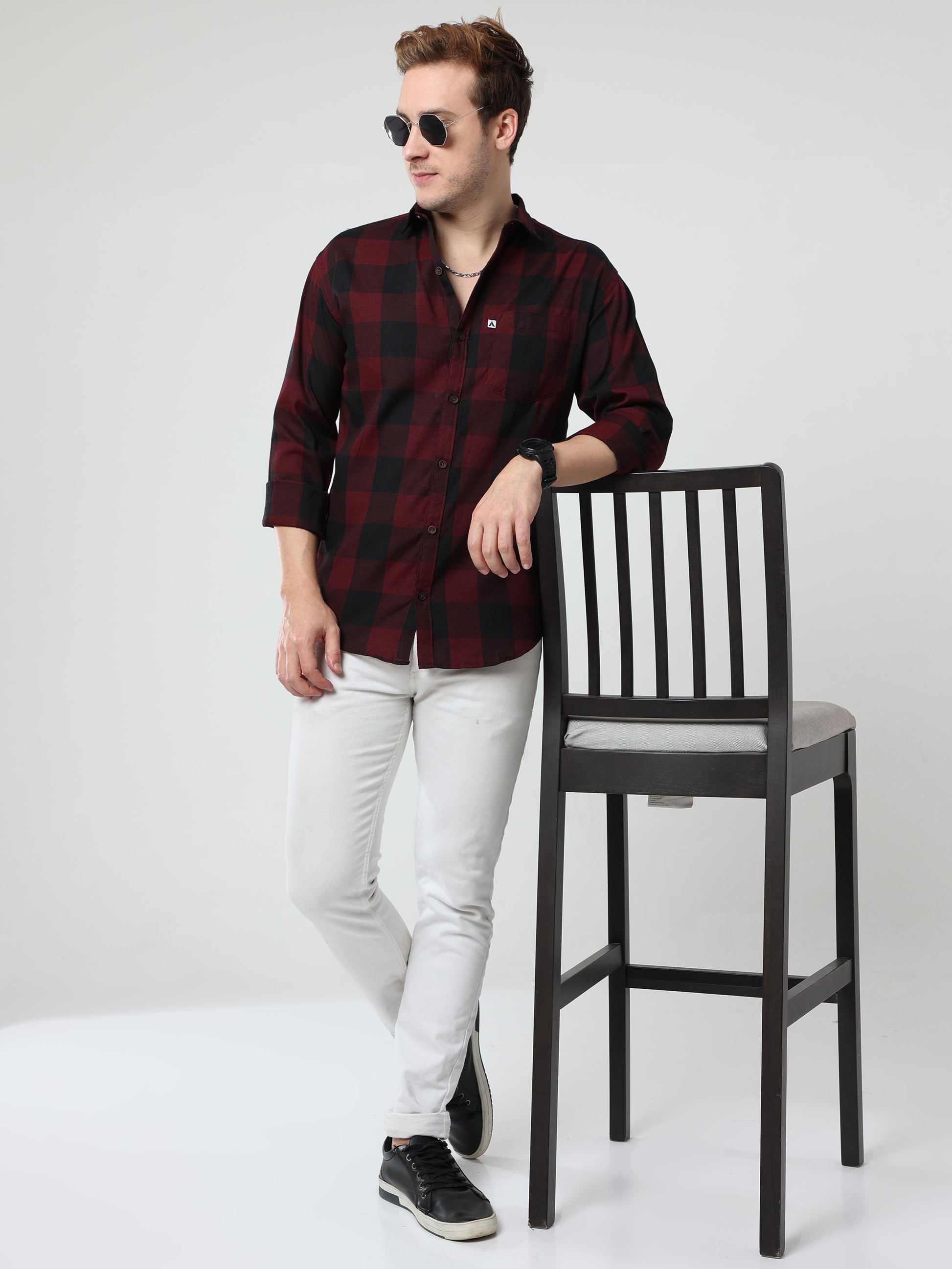 Cotton Tomtom Mens Maroon Plaid Shirt