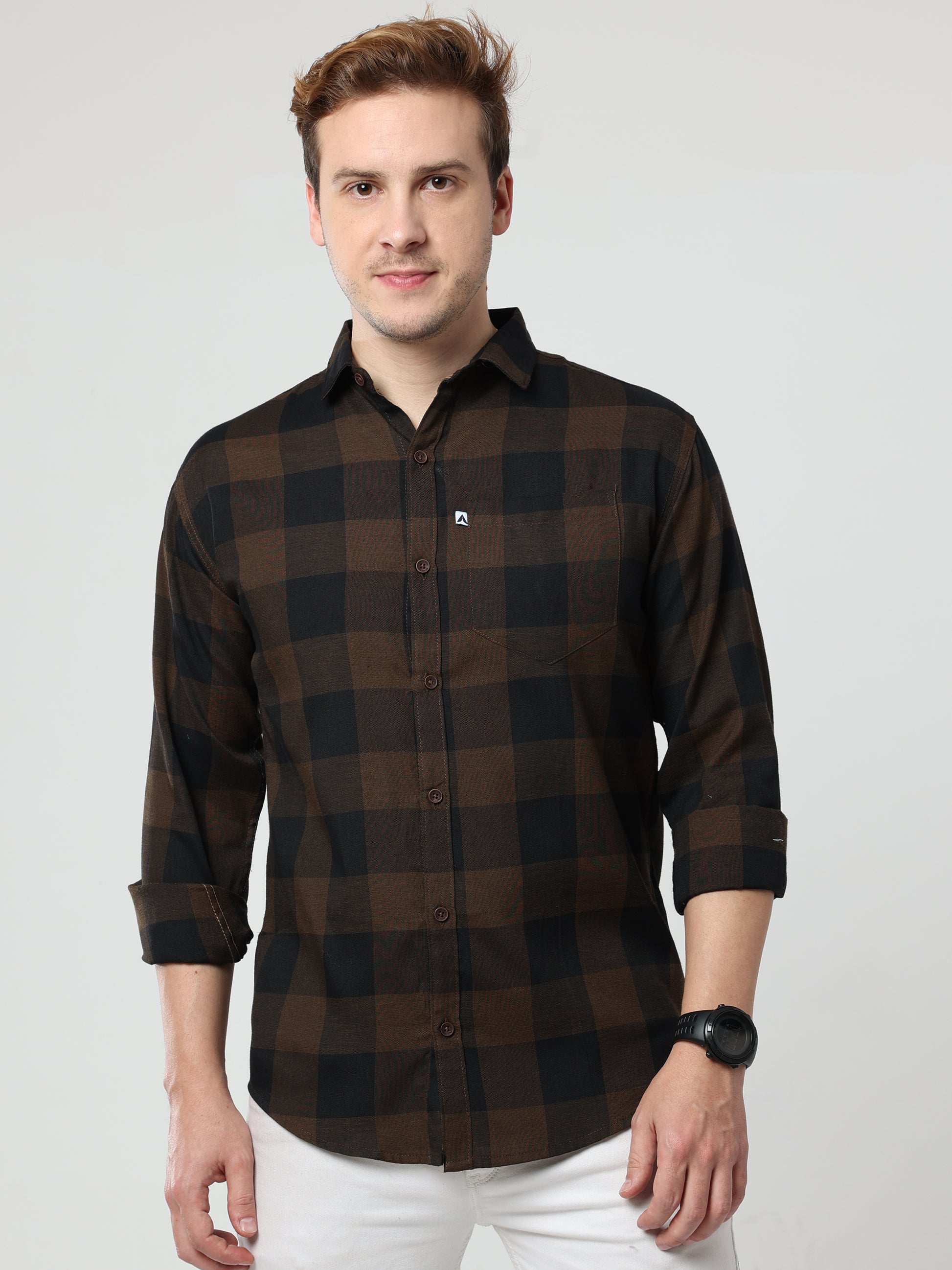 Tomtom Brown Checked SlimFit Shirt With Patch Pocket Men