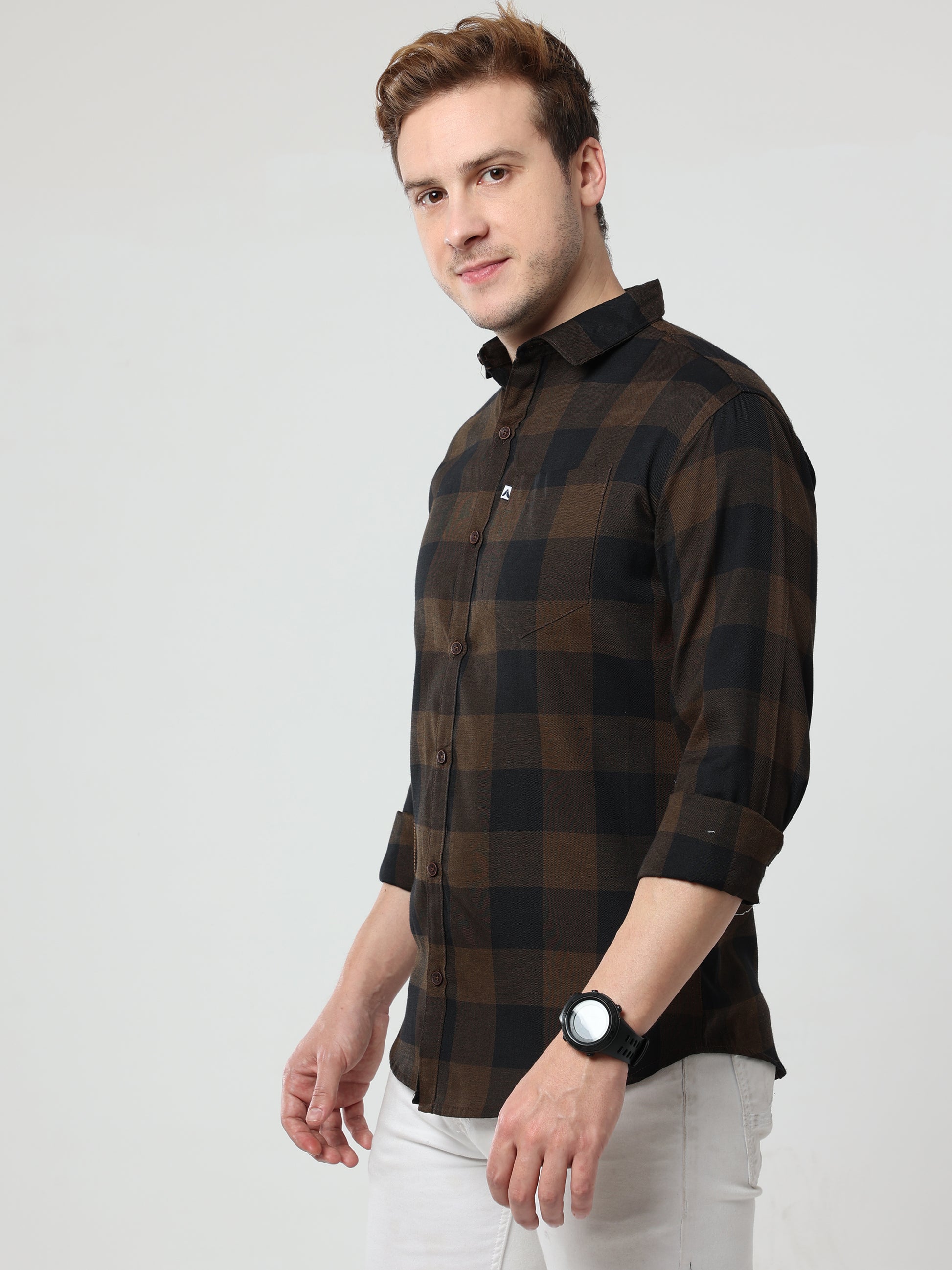 Tomtom Brown Checked SlimFit Shirt With Patch Pocket Men