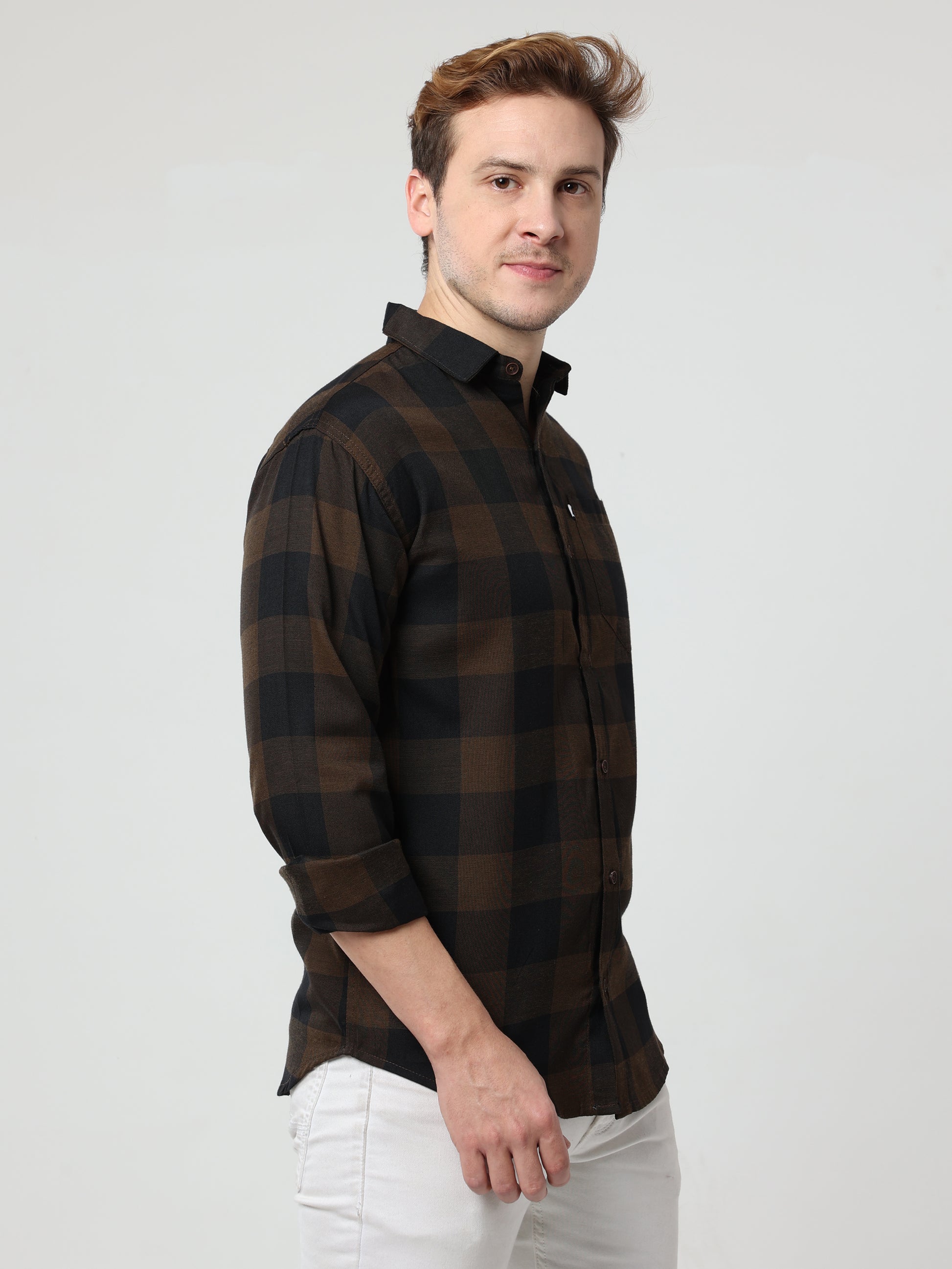 Tomtom Brown Checked SlimFit Shirt With Patch Pocket Men