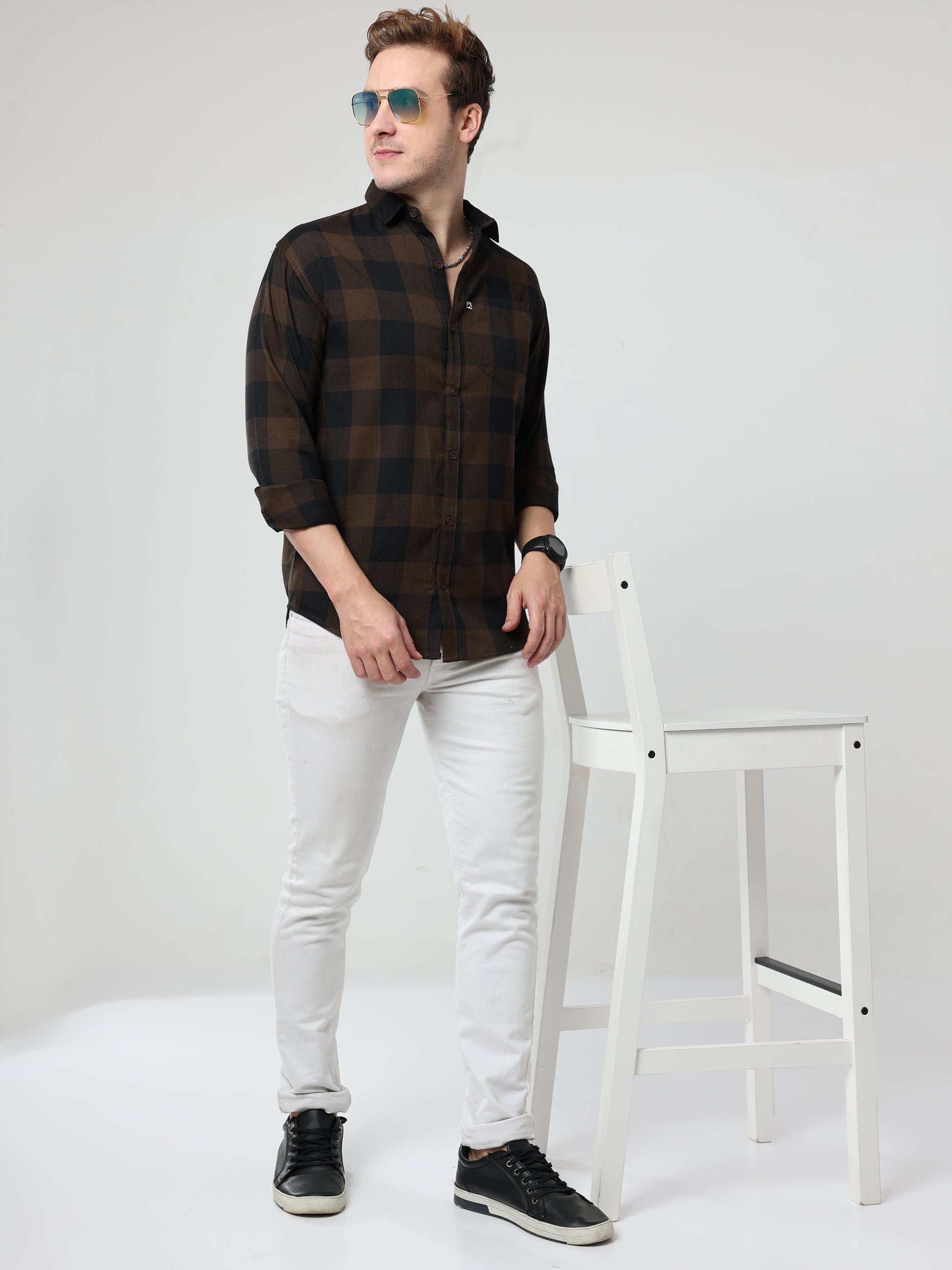 Tomtom Brown Checked SlimFit Shirt With Patch Pocket Men