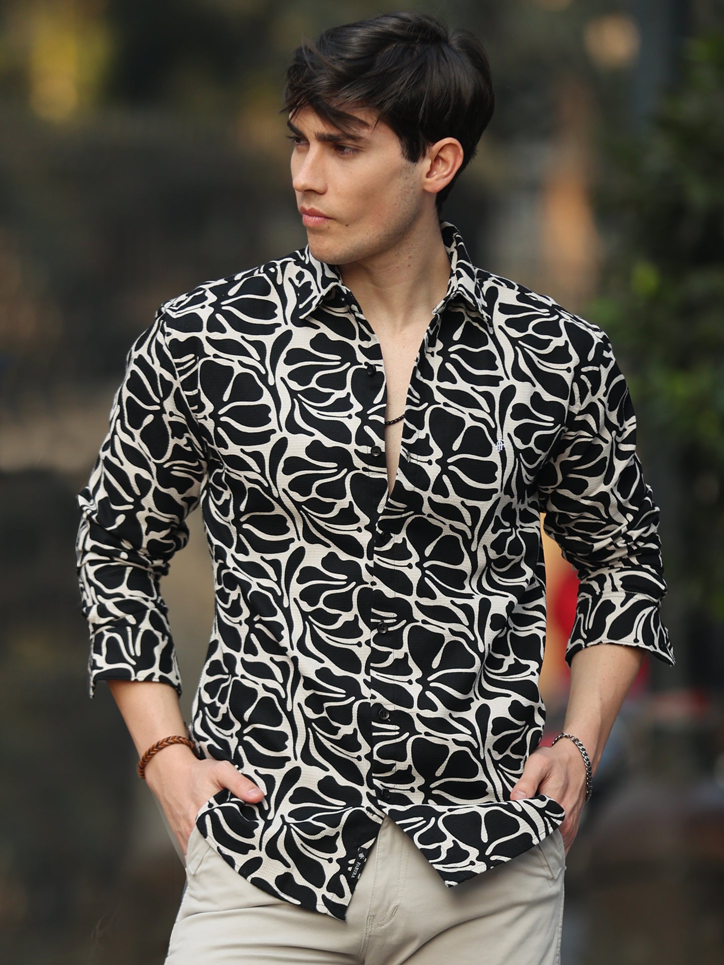 Full Sleeves Black Dobby Printed Shirt For Men