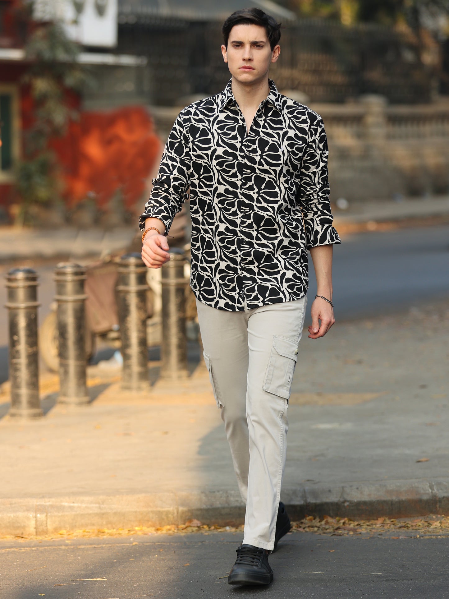 Full Sleeves Black Dobby Printed Shirt For Men