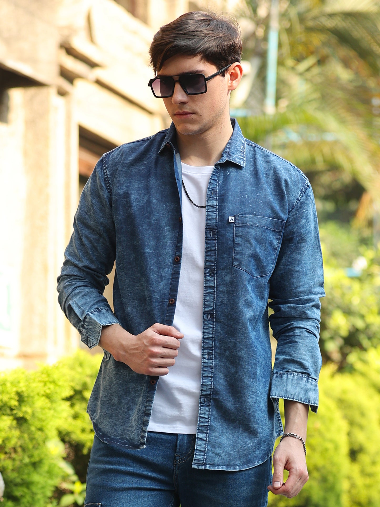 Blue Cloud Wash Single Pocket Cut Away Collor Denim Shirt For Men