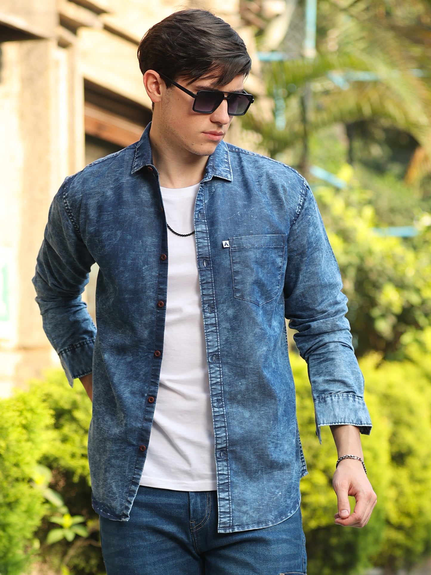 Blue Cloud Wash Single Pocket Cut Away Collor Denim Shirt For Men