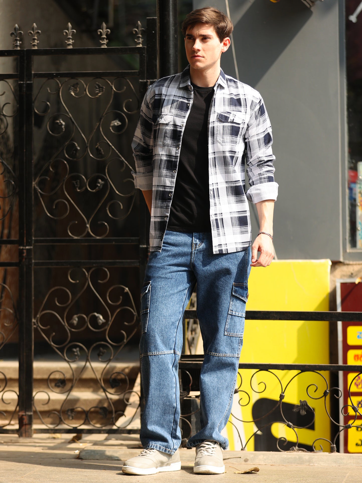 Full Sleeves Navy Dobby Checkered Shirt For Men