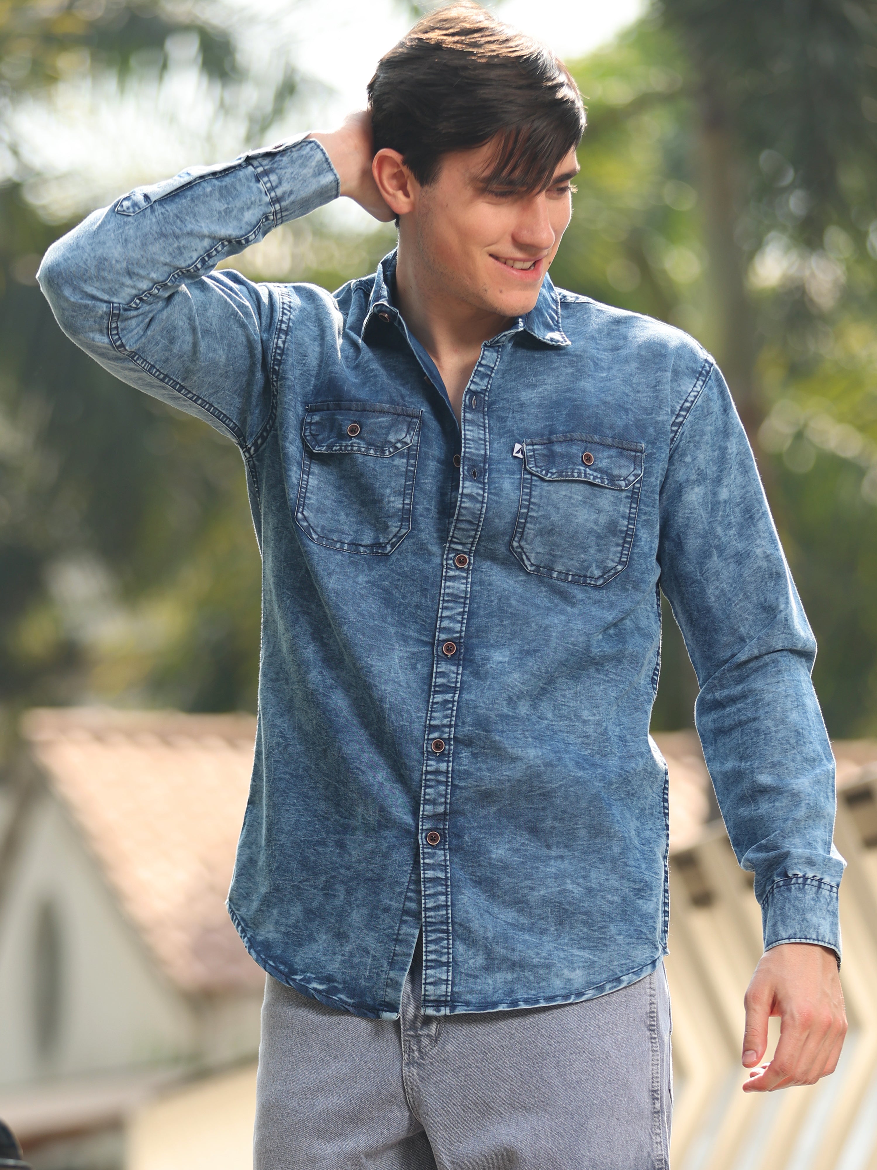 Blue Cloud Wash Double Pocket Cut Away Collor Denim Shirt For Men