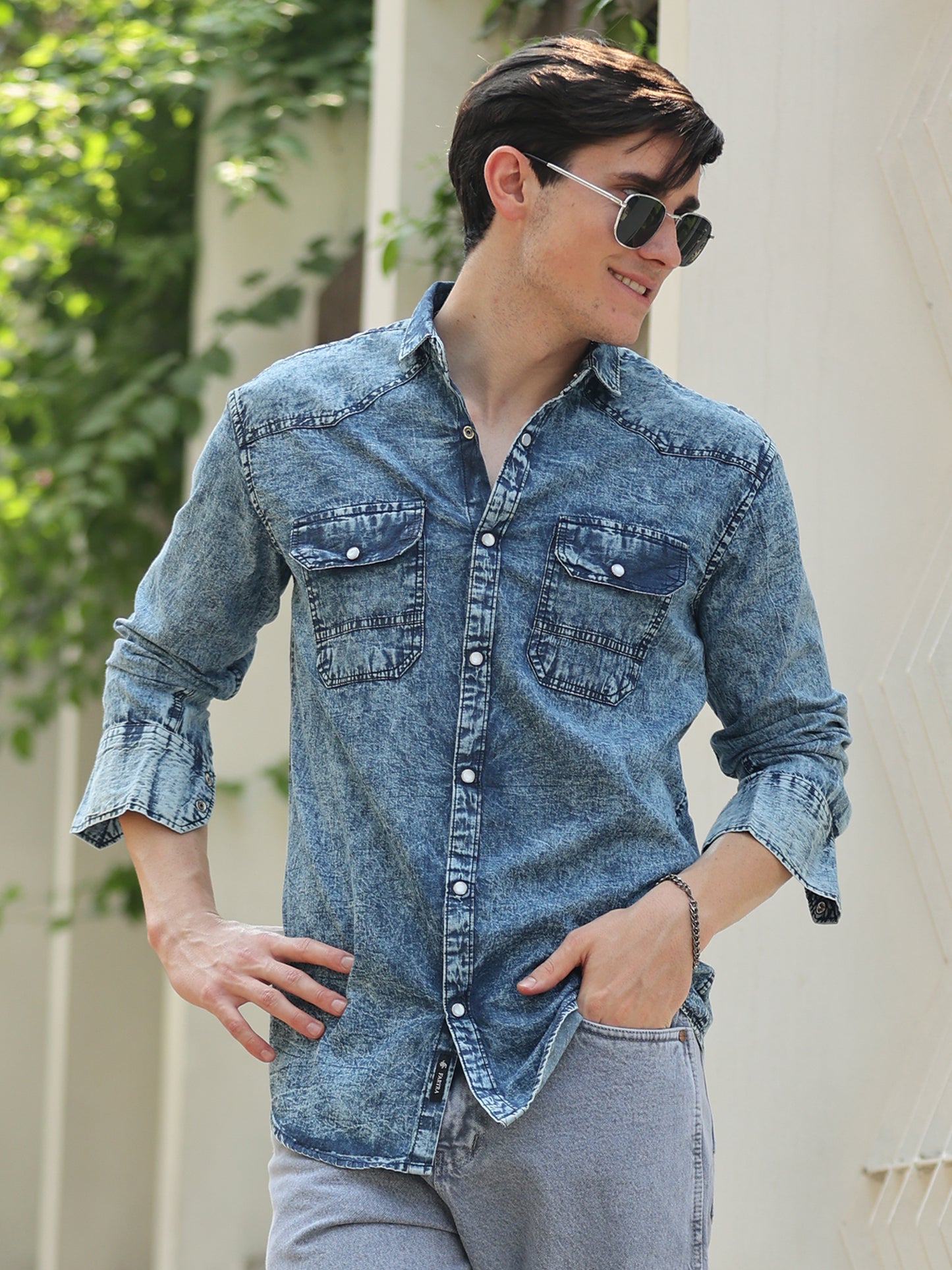 Denim Double Pocket Heavy Wash Shirt For Men