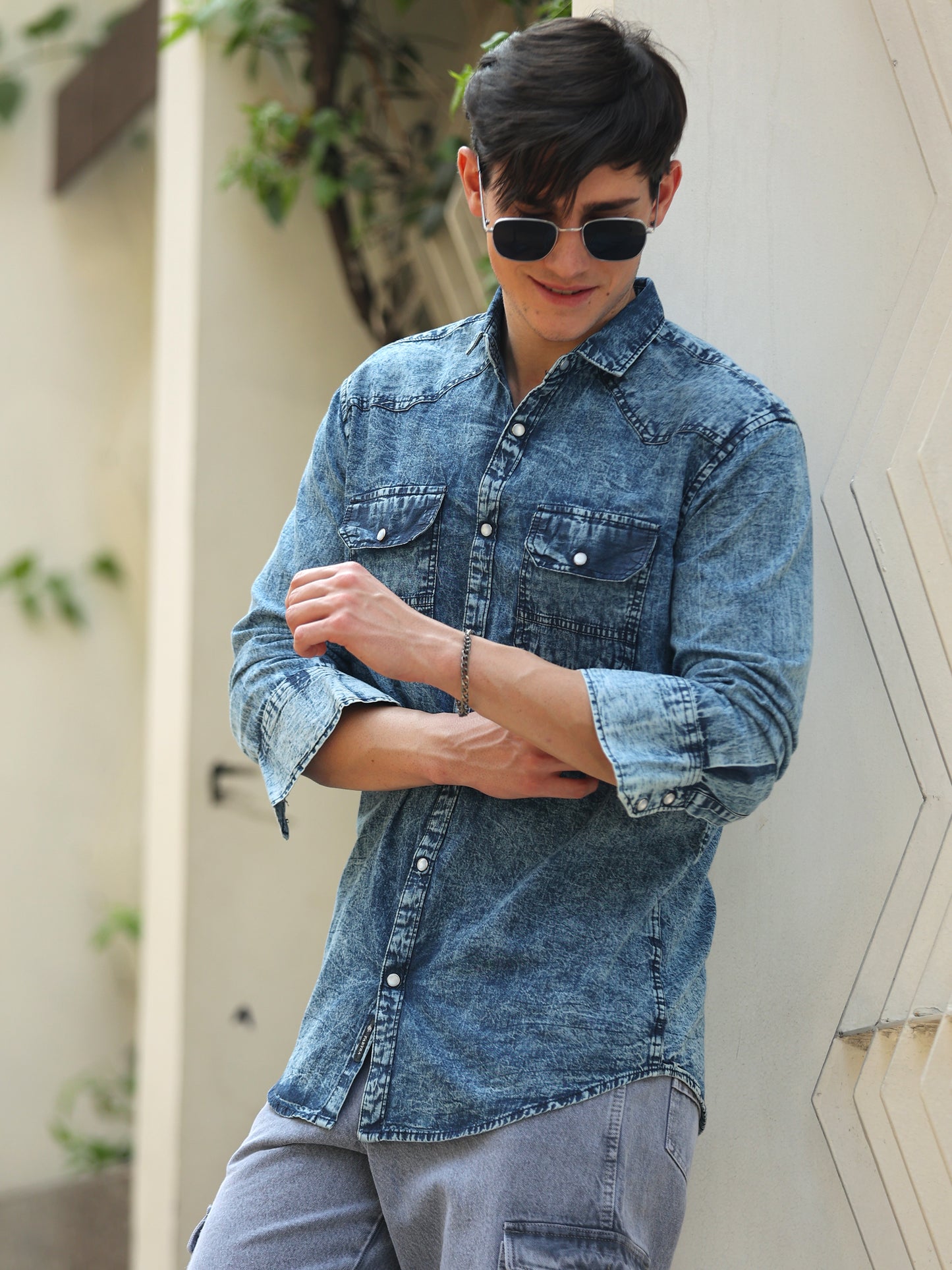 Denim Double Pocket Heavy Wash Shirt For Men