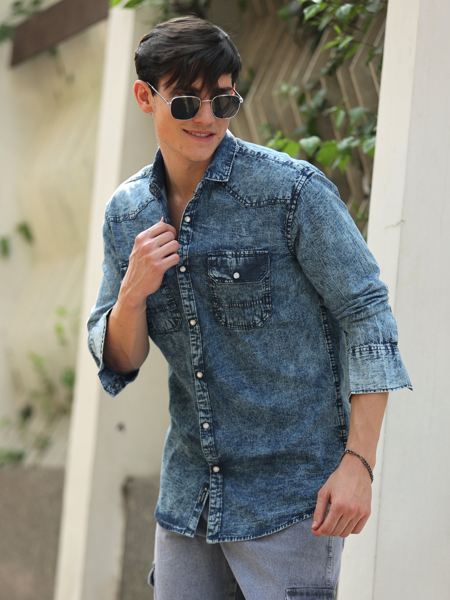 Denim Double Pocket Heavy Wash Shirt For Men