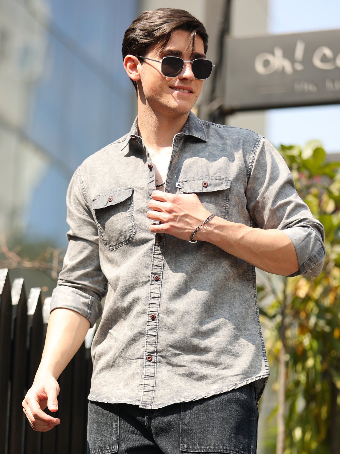 Grey Cloud Wash Double Pocket Cut Away Collor Denim Shirt For Men