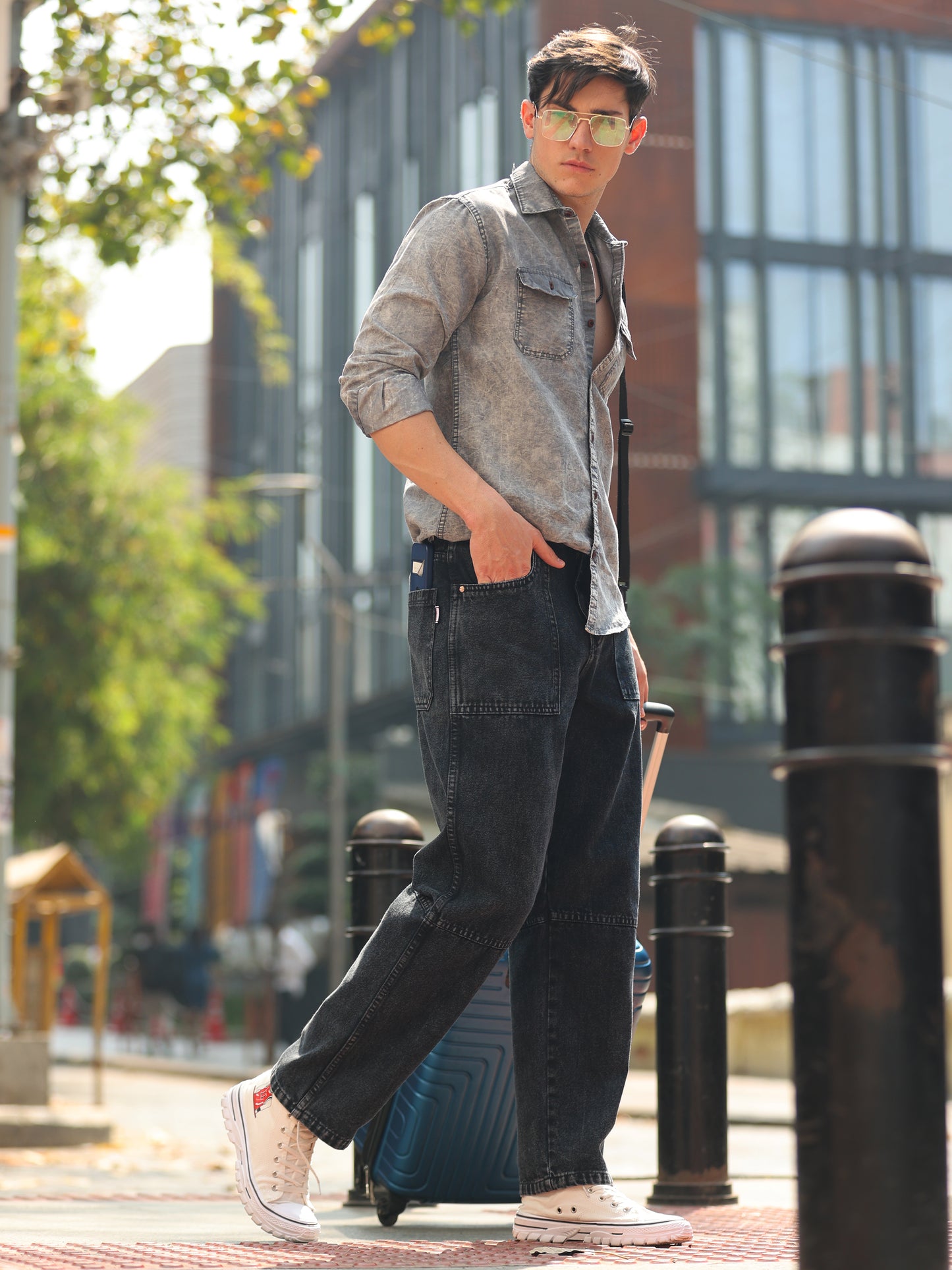 Grey Cloud Wash Double Pocket Cut Away Collor Denim Shirt For Men