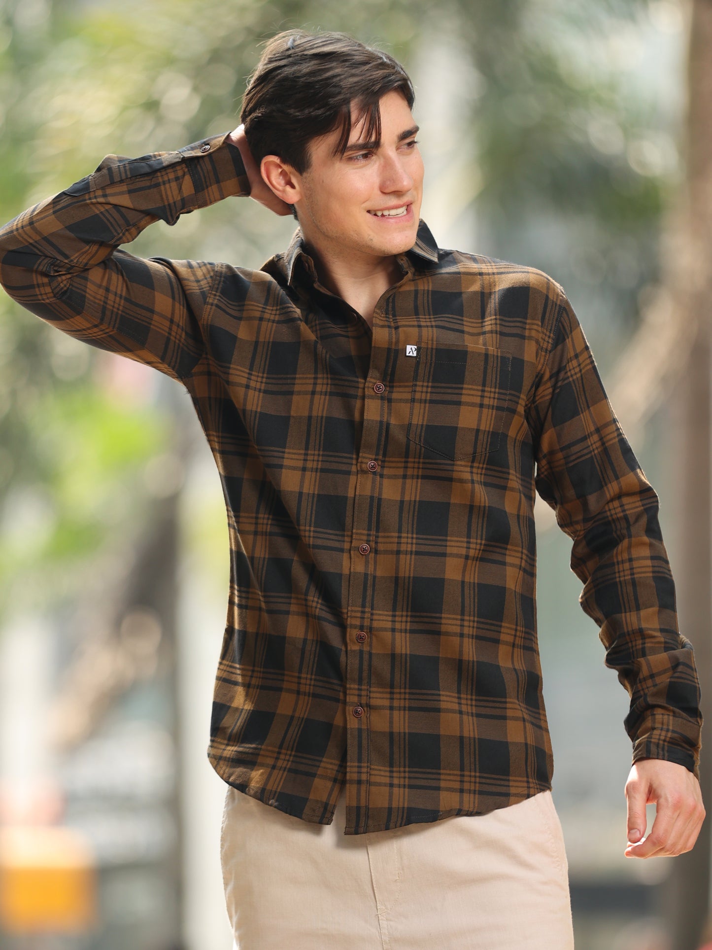 Wanted Brown Cotton Blend Checks Shirt For Men