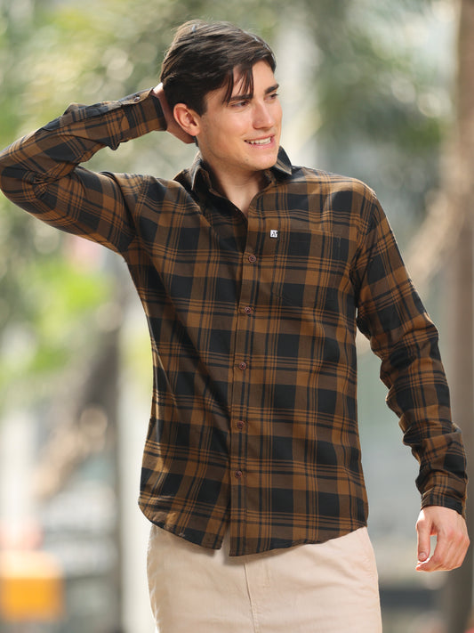 Wanted Brown Cotton Blend Checks Shirt For Men