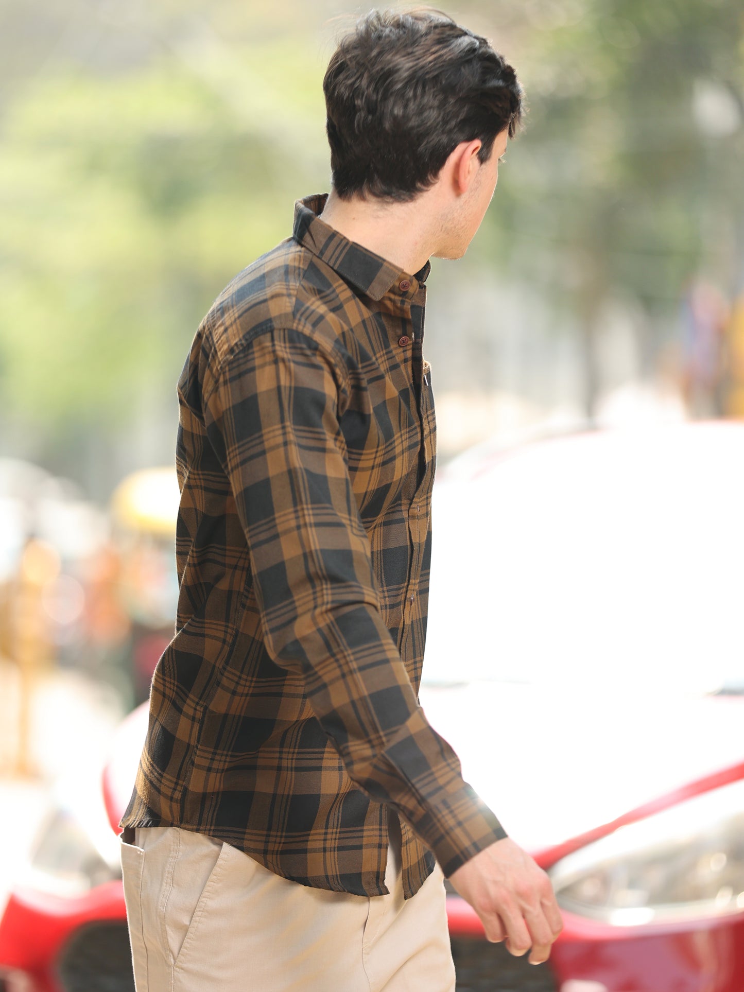 Wanted Brown Cotton Blend Checks Shirt For Men