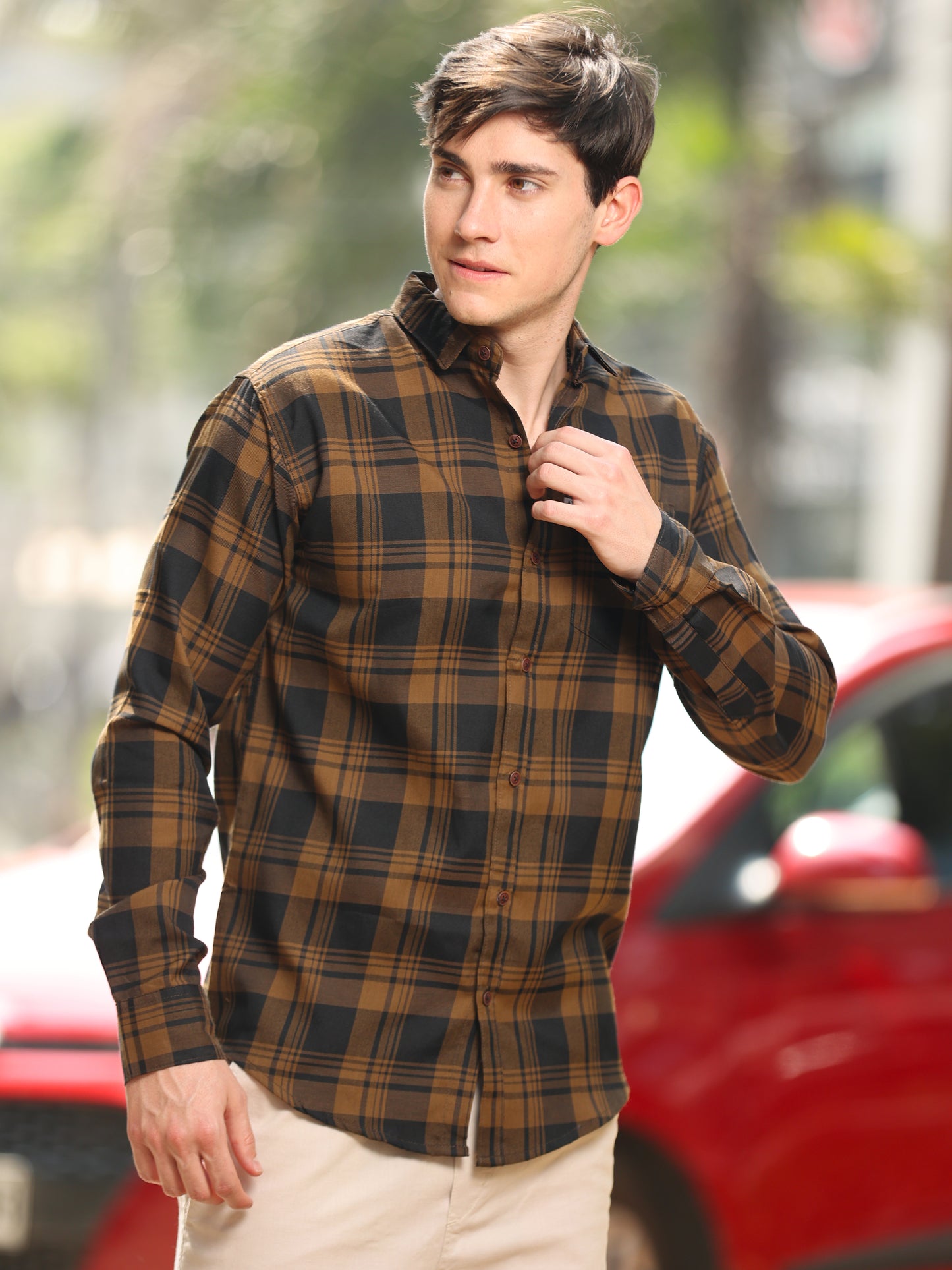 Wanted Brown Cotton Blend Checks Shirt For Men