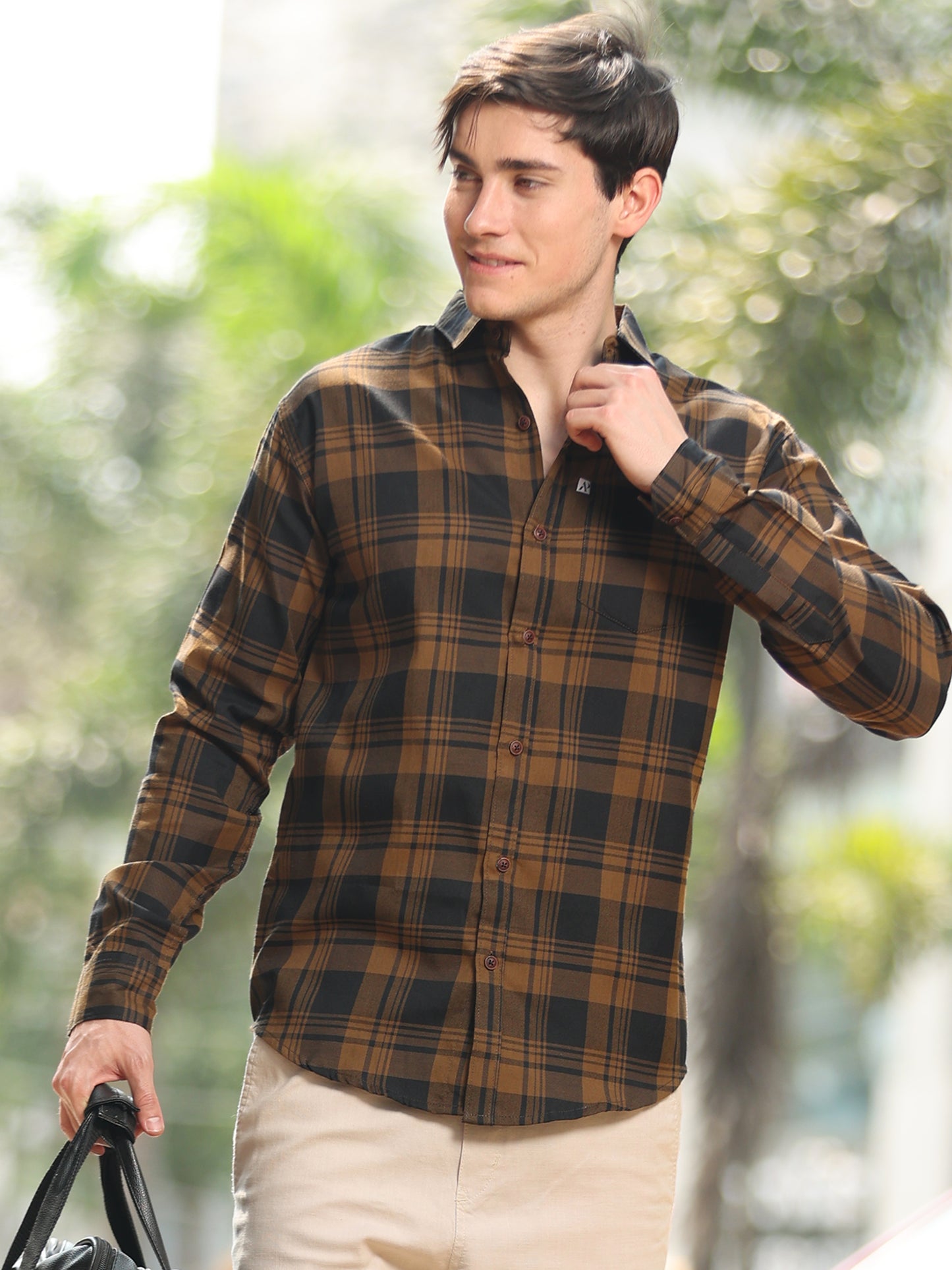 Wanted Brown Cotton Blend Checks Shirt For Men