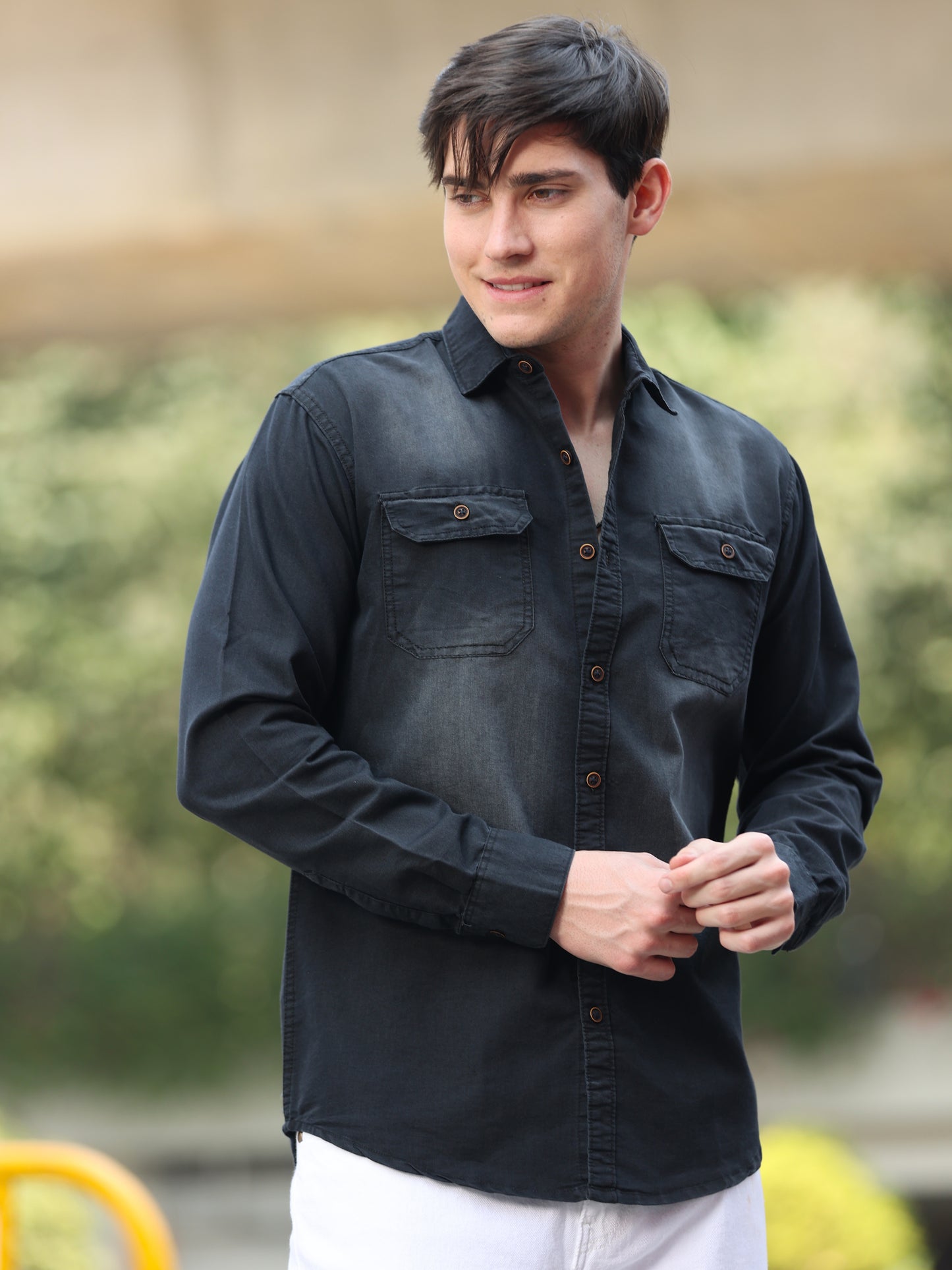 Jetblack Shade Double Pocket Cut Away Collor Denim Shirt For Men