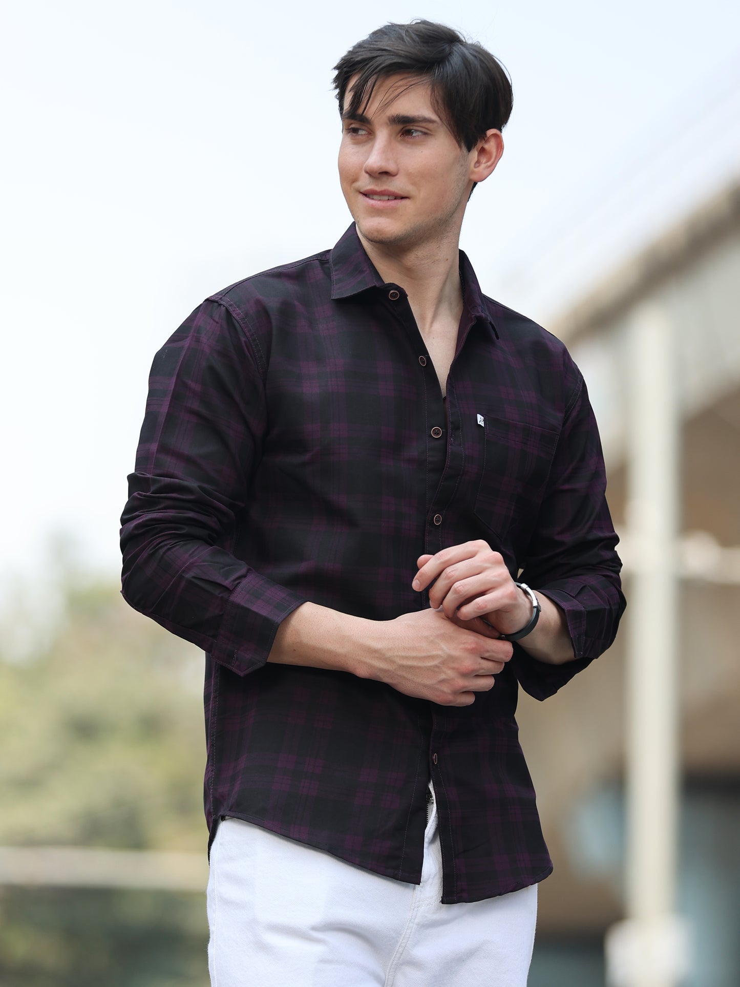 Purple Cotton Blend Checks Shirt For Men