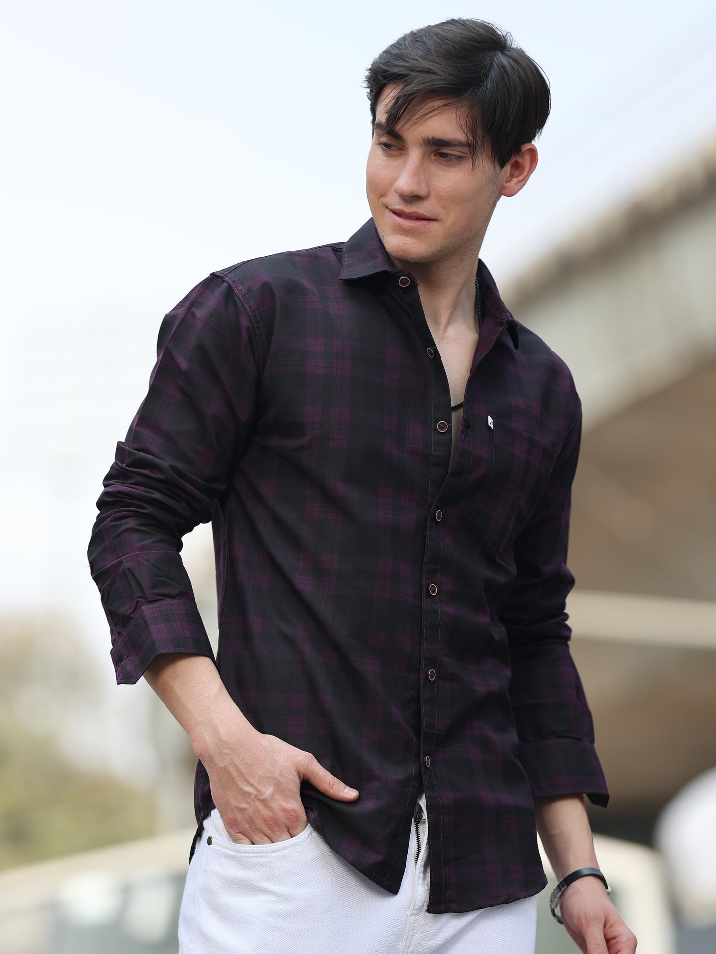 Purple Cotton Blend Checks Shirt For Men