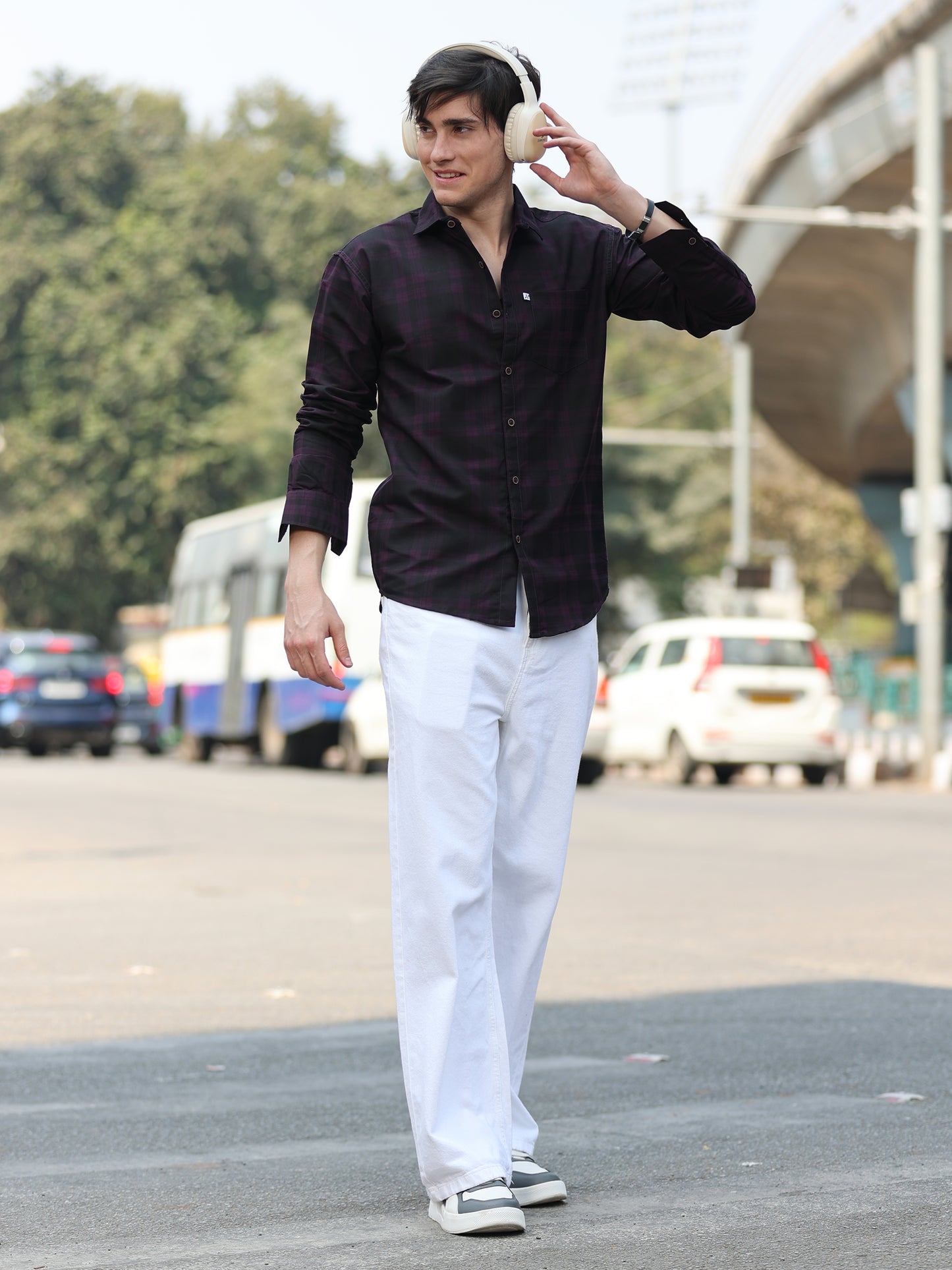 Purple Cotton Blend Checks Shirt For Men