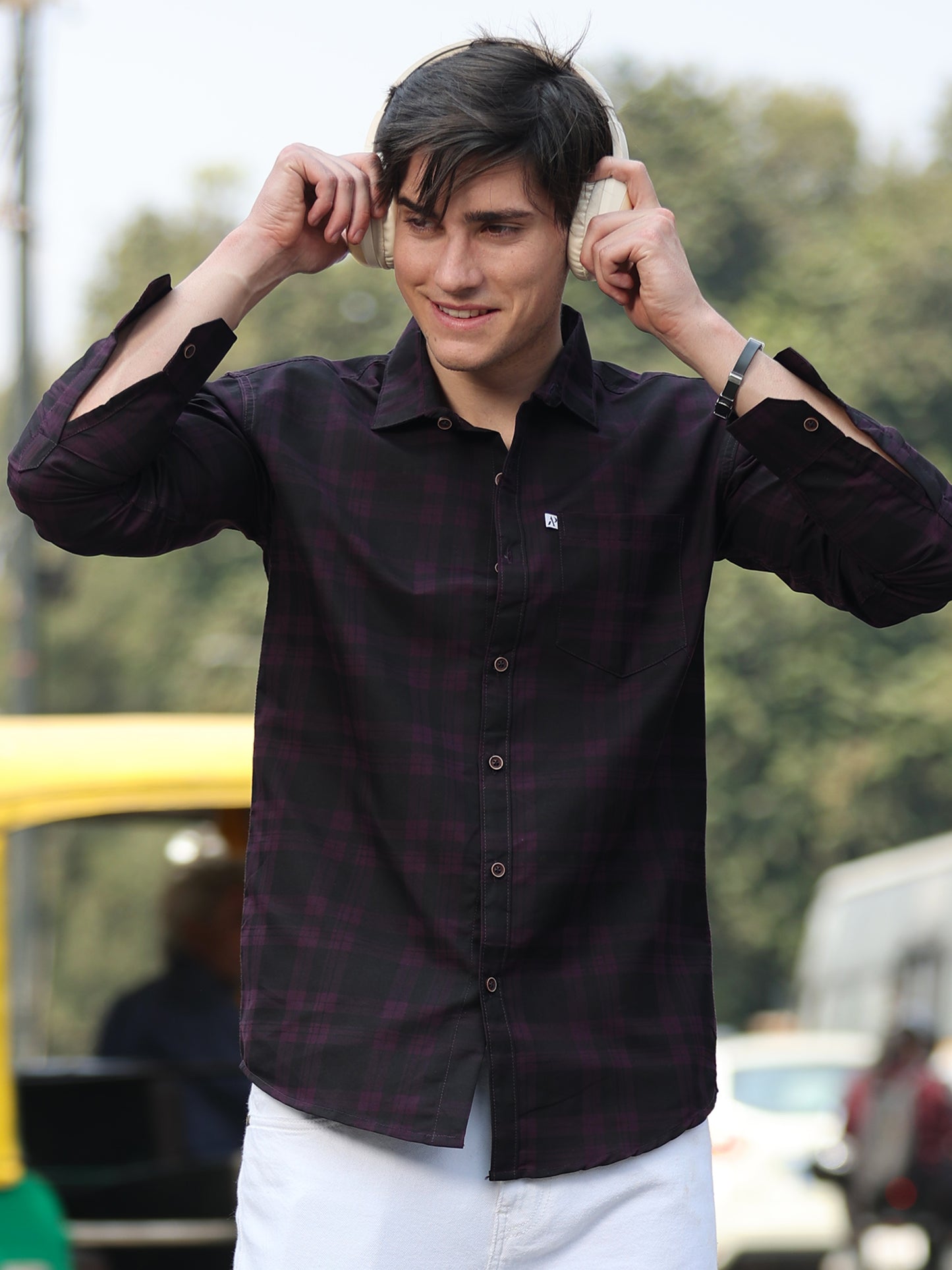 Purple Cotton Blend Checks Shirt For Men