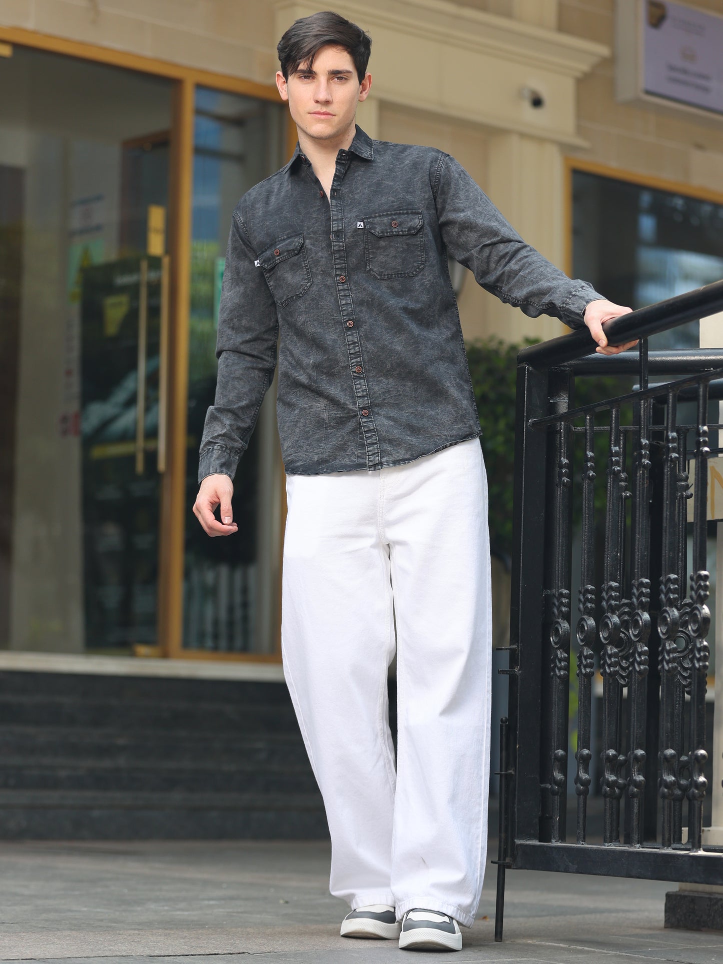 Light Black Cloud Wash Double Pocket Cut Away Collor Denim Shirt For Men