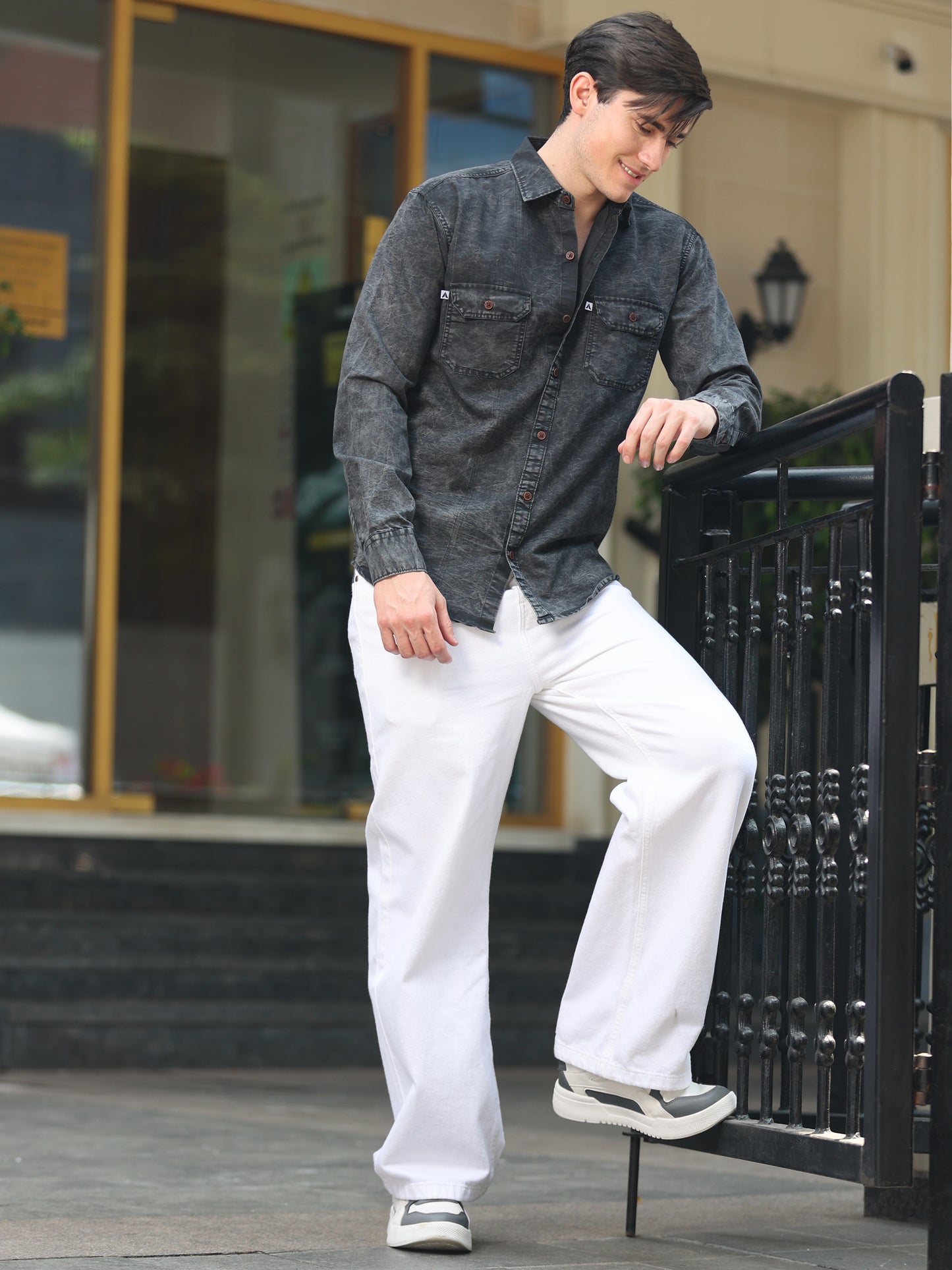 Light Black Cloud Wash Double Pocket Cut Away Collor Denim Shirt For Men