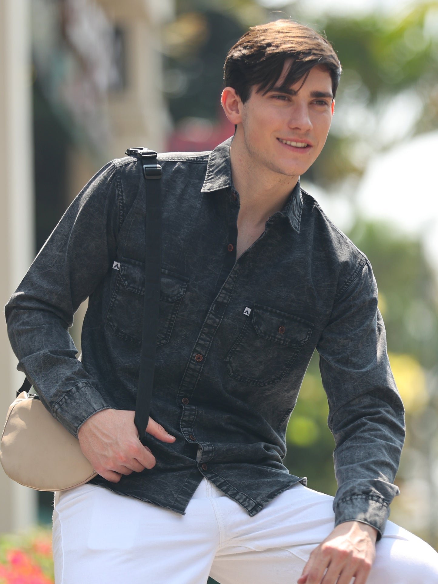 Light Black Cloud Wash Double Pocket Cut Away Collor Denim Shirt For Men