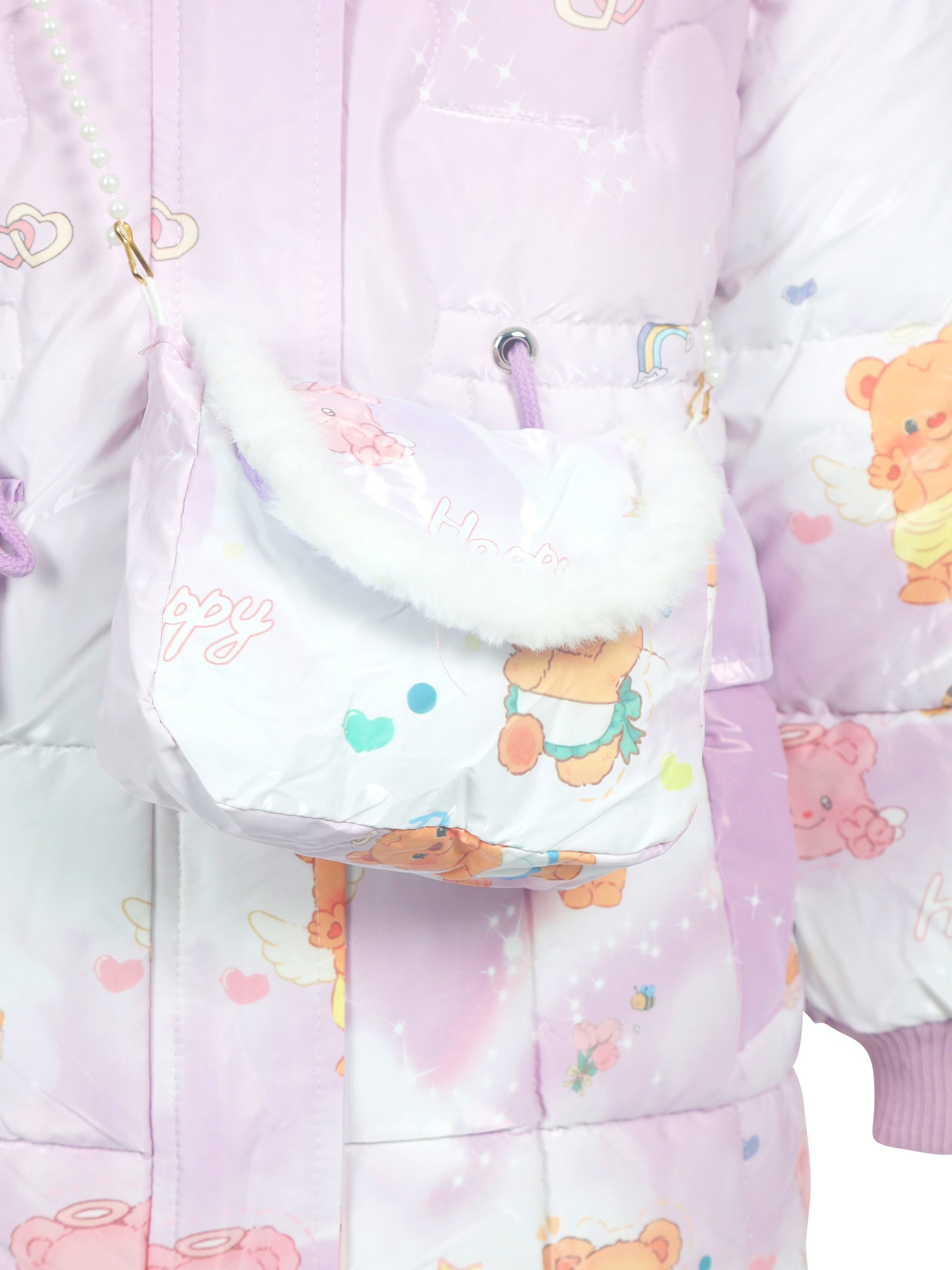 Close-up of a lilac and white children's winter coat with teddy bear prints, featuring a matching small purse with white faux fur trim and pearl strap detail.