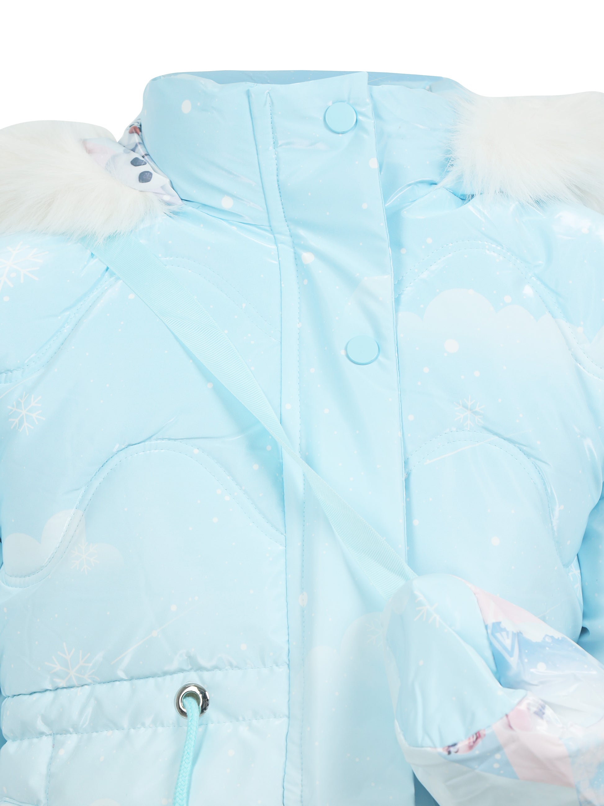 Close-up of a light blue Frozen-themed winter jacket with white faux fur hood trim, snowflake patterns, and a matching crossbody bag strap across the front.