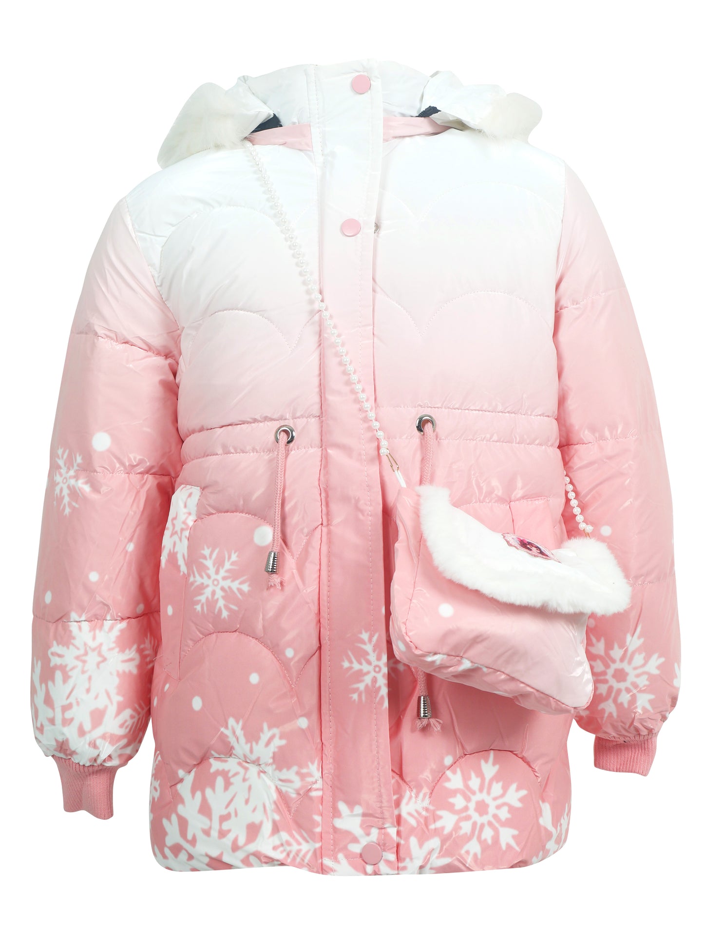 Pink and white gradient winter coat with white snowflake patterns, a faux fur-trimmed hood, front pockets, and a matching white faux fur purse with a pearl strap