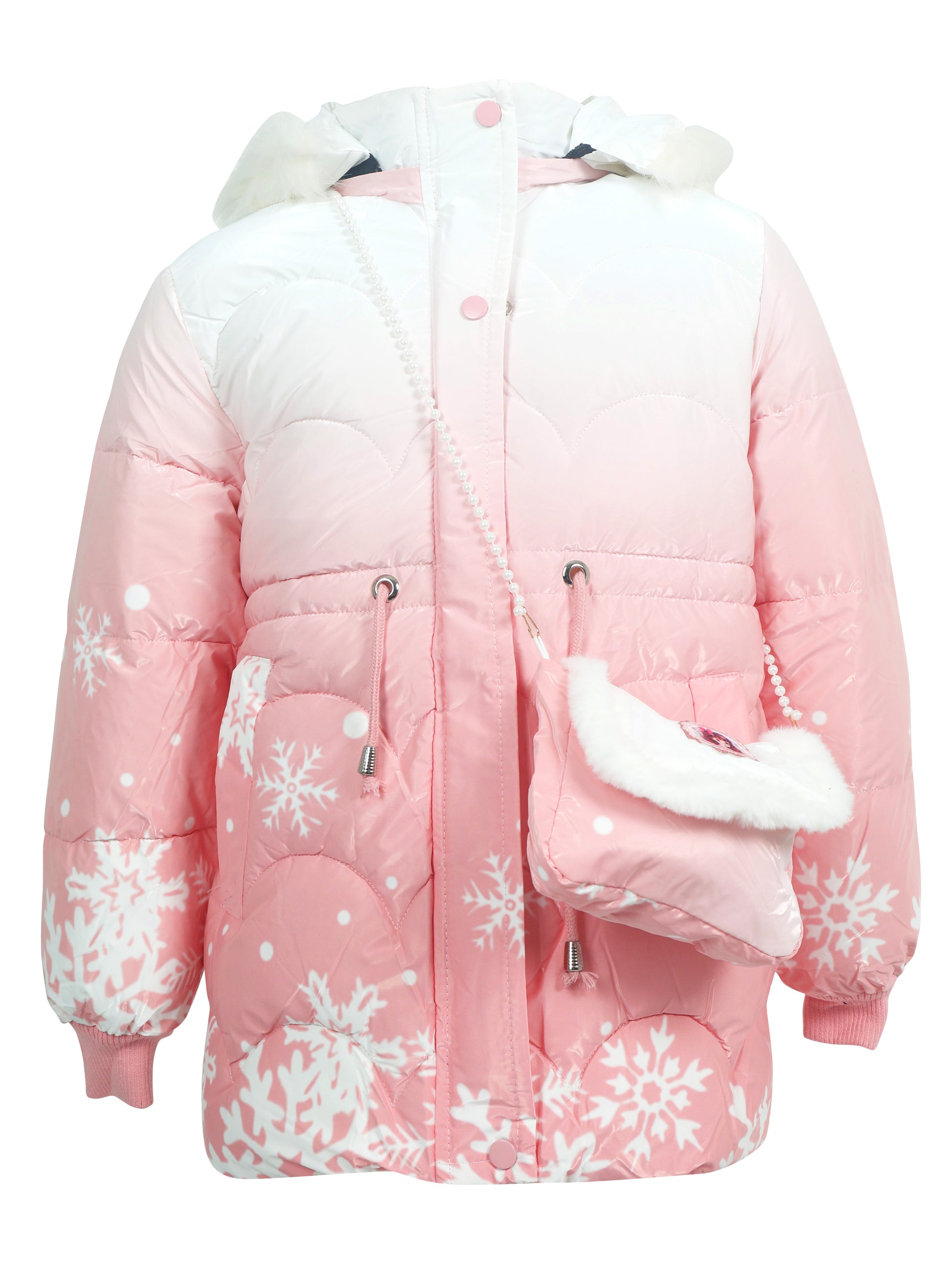 Pink and white gradient winter coat with white snowflake patterns, a faux fur-trimmed hood, front pockets, and a matching white faux fur purse with a pearl strap