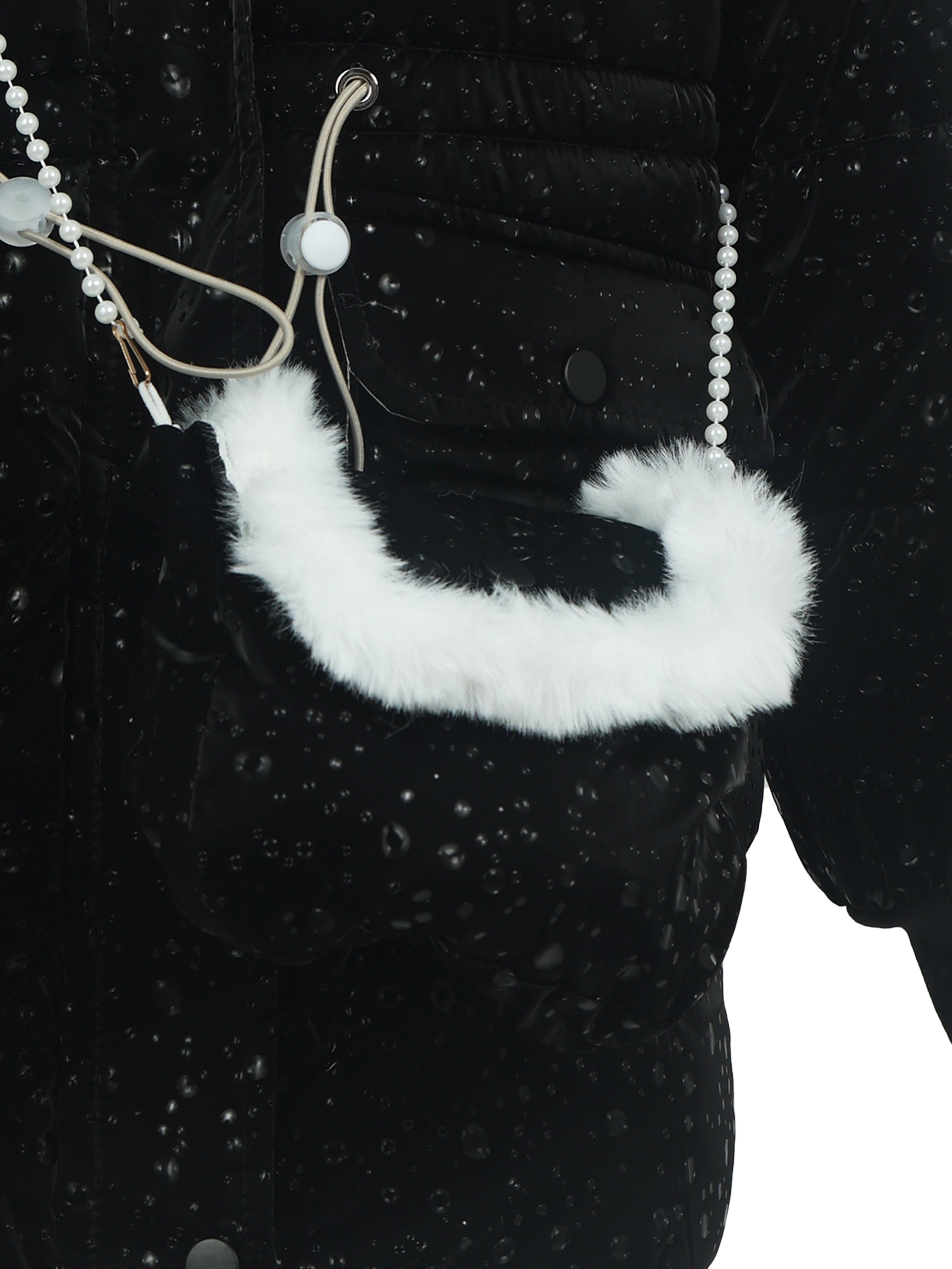 Close-up of a black winter coat with a small matching black handbag featuring white faux fur trim and a pearl strap