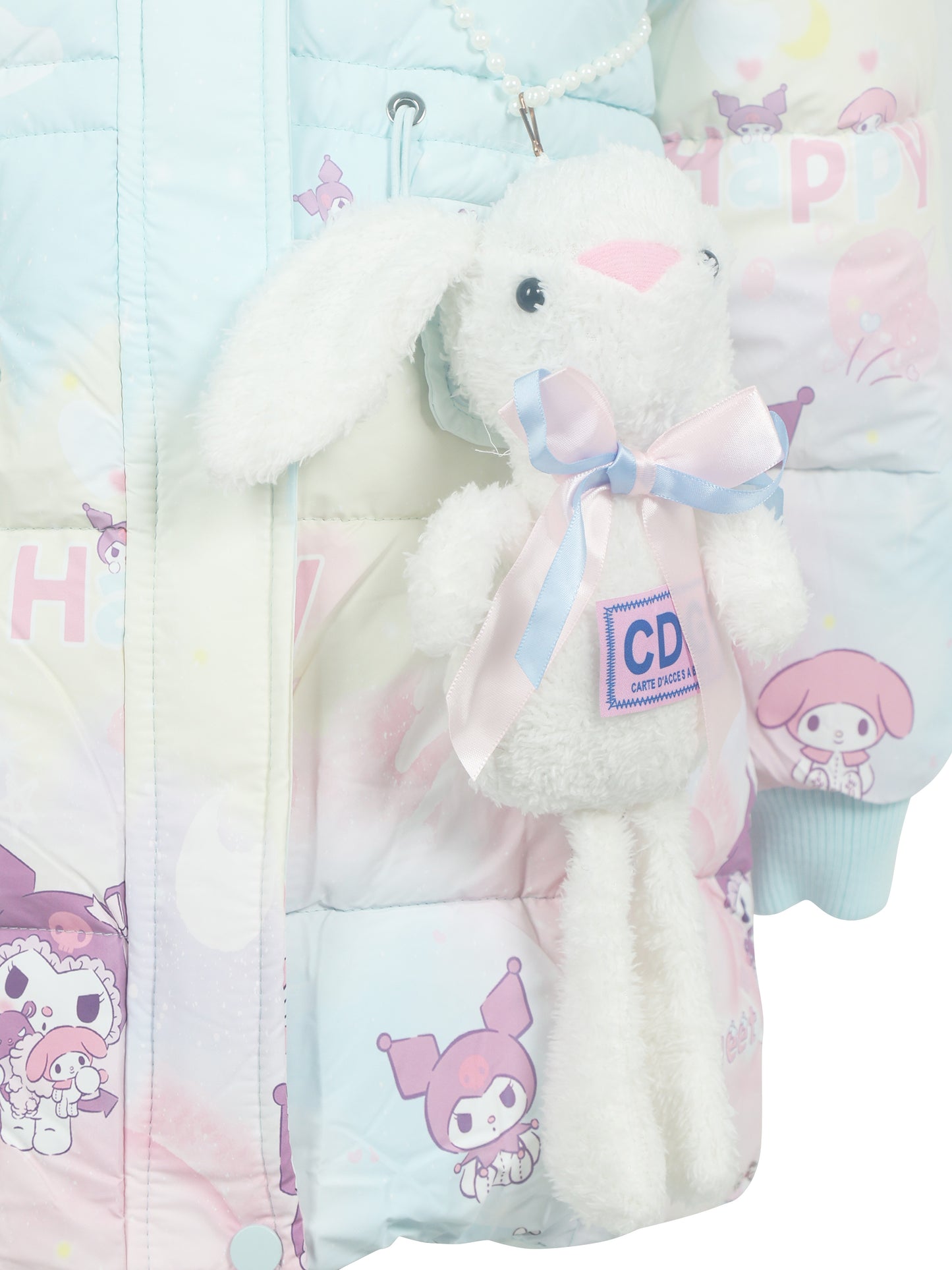 Close-up of a pastel-colored puffer jacket featuring My Melody and Kuromi cartoon prints, along with the word "Happy" in colorful letters. A plush white bunny bag with a pink and blue ribbon hanging from a pearl strap attached to the jacket.