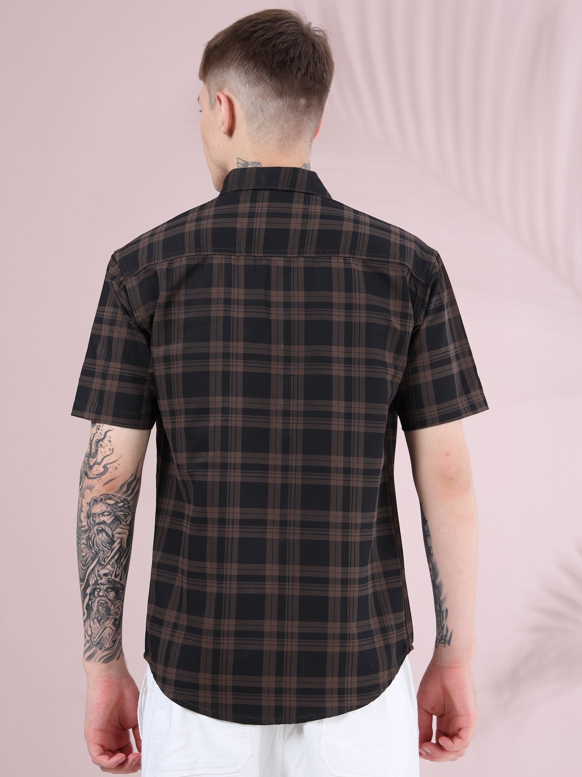 men’s brown and black checked casual short sleeve shirt.