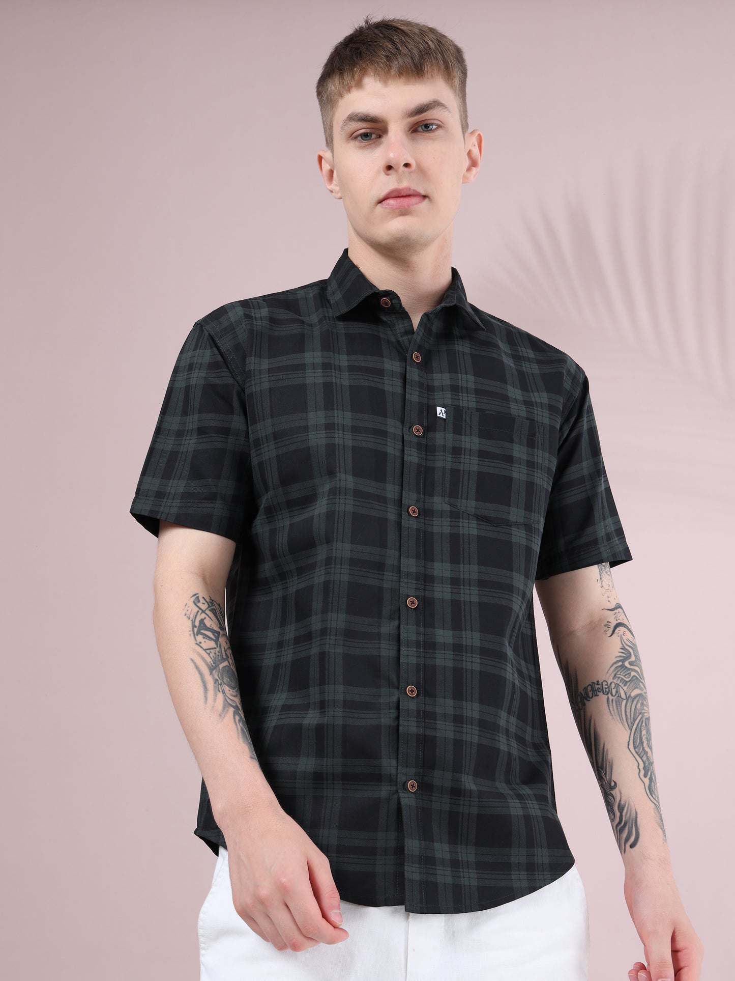Stylish black check printed half sleeve shirt for men with chest pocket