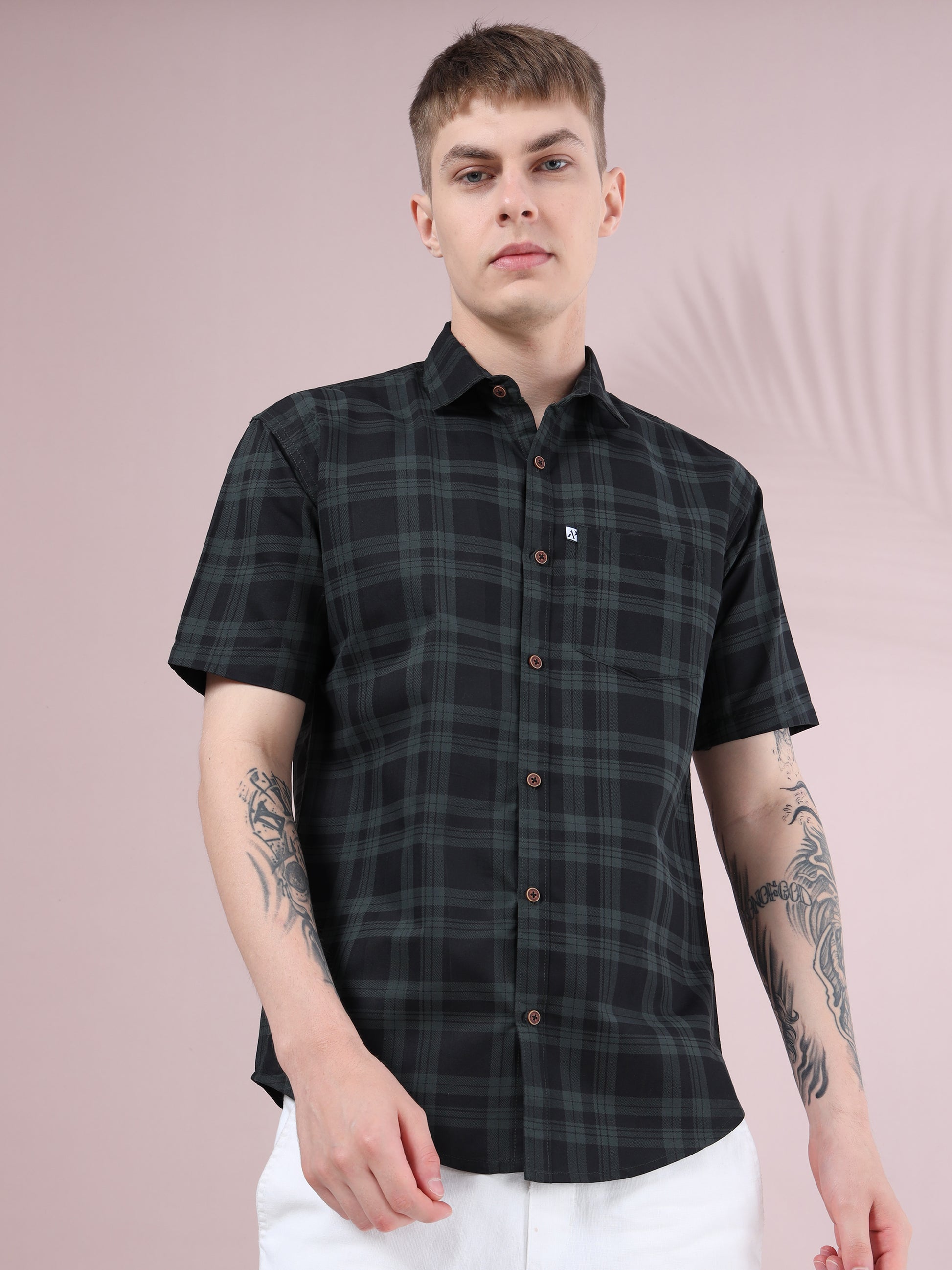 Stylish black check printed half sleeve shirt for men with chest pocket