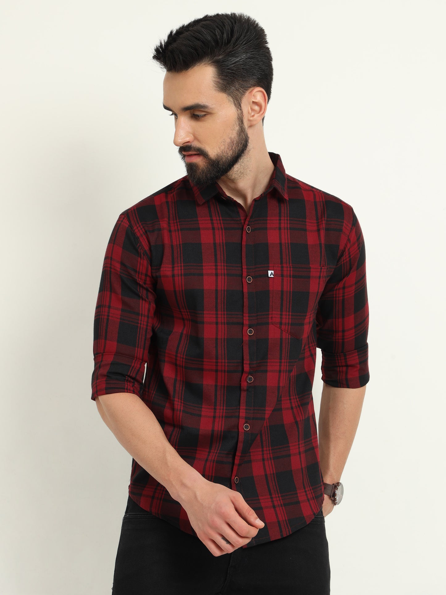Wanted Cotton Blend Red Plaid Shirt For Men