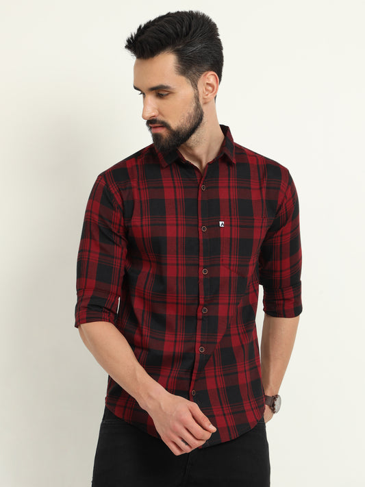 Wanted Cotton Blend Red Plaid Shirt For Men
