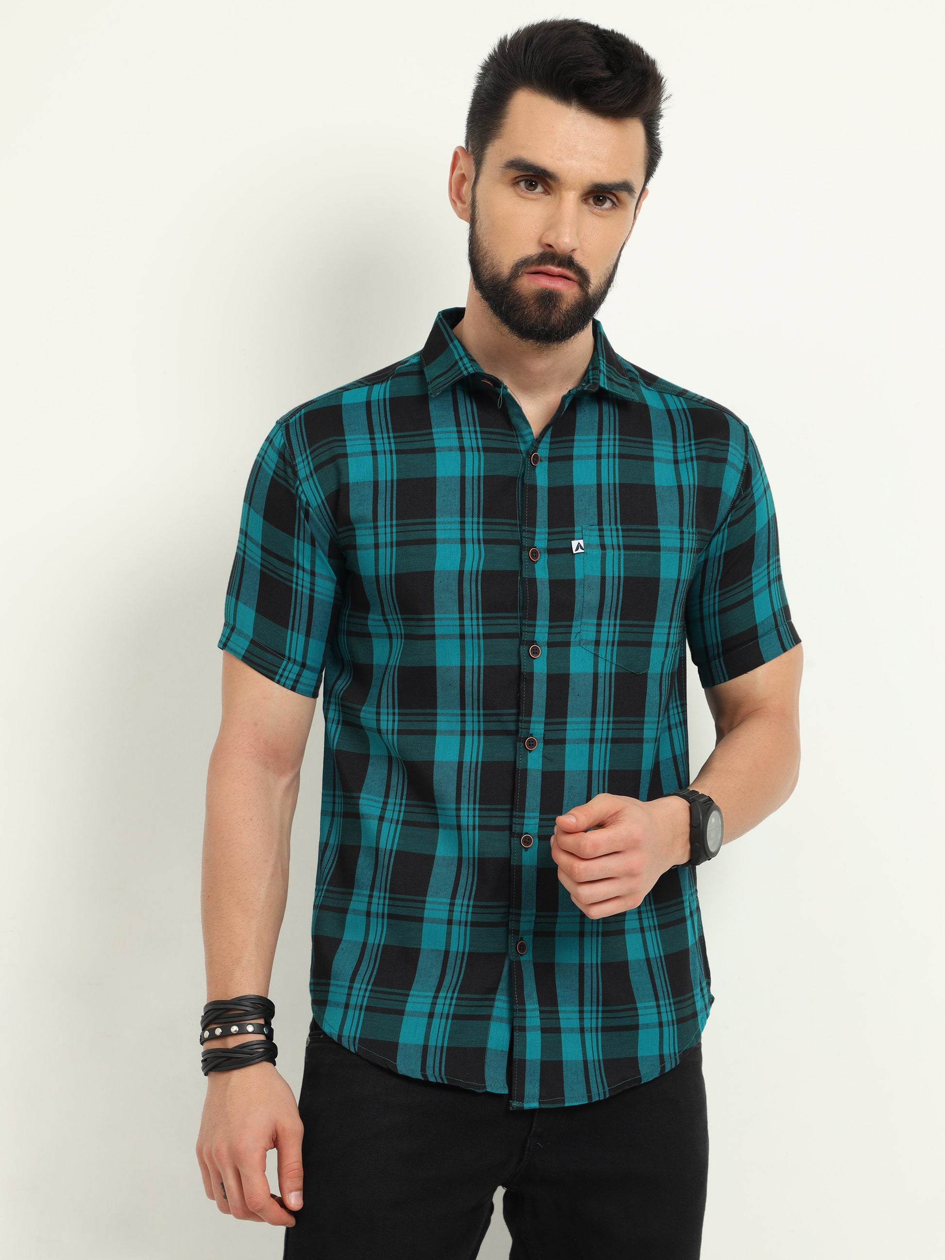 Wanted Cotton Blend Blue Plaid Shirt For Men