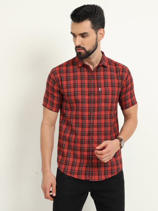 Half Sleeve Tartan Mens Orange Check Shirt Regular Fit