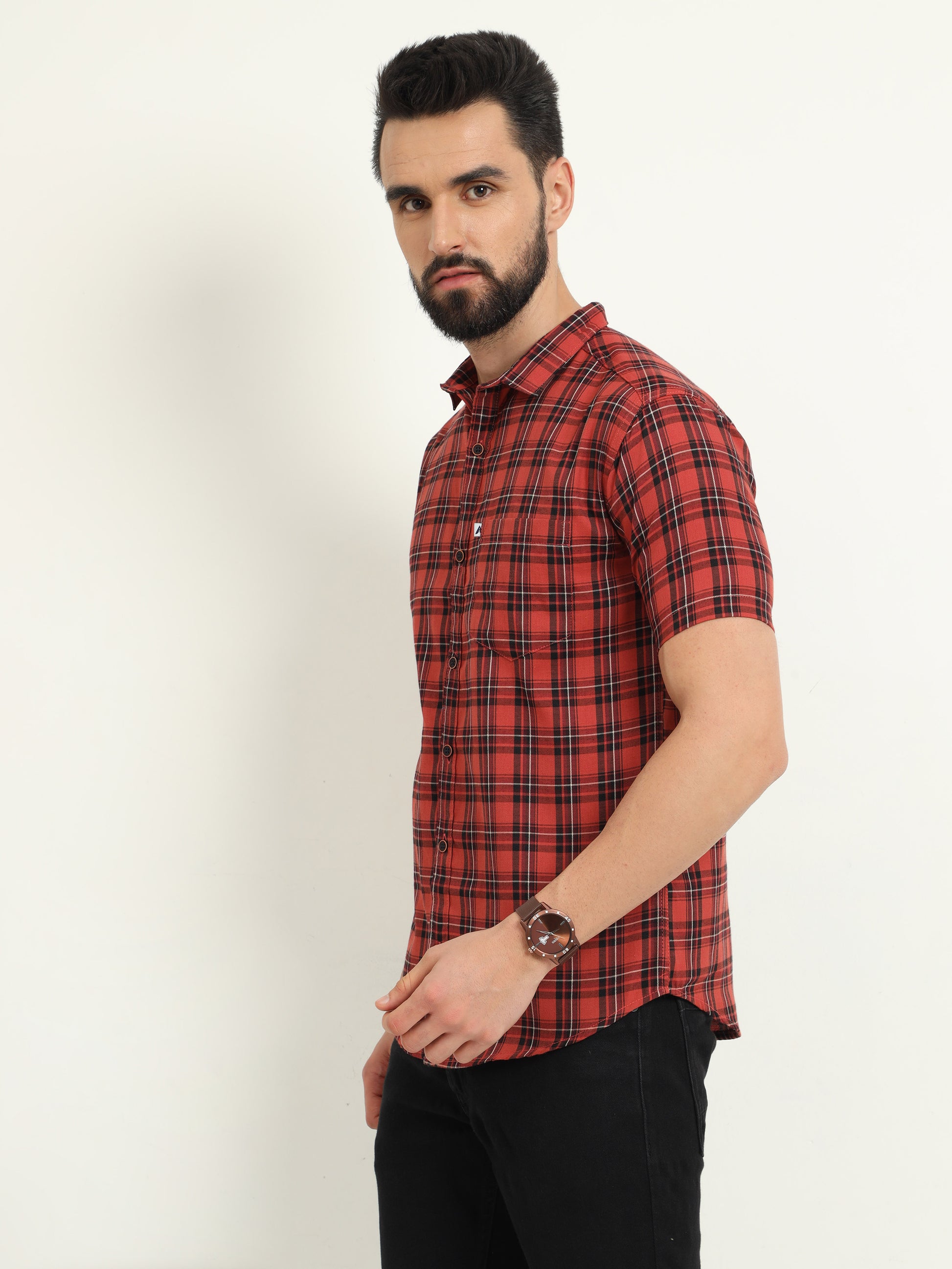 Half Sleeve Tartan Mens Orange Check Shirt Regular Fit