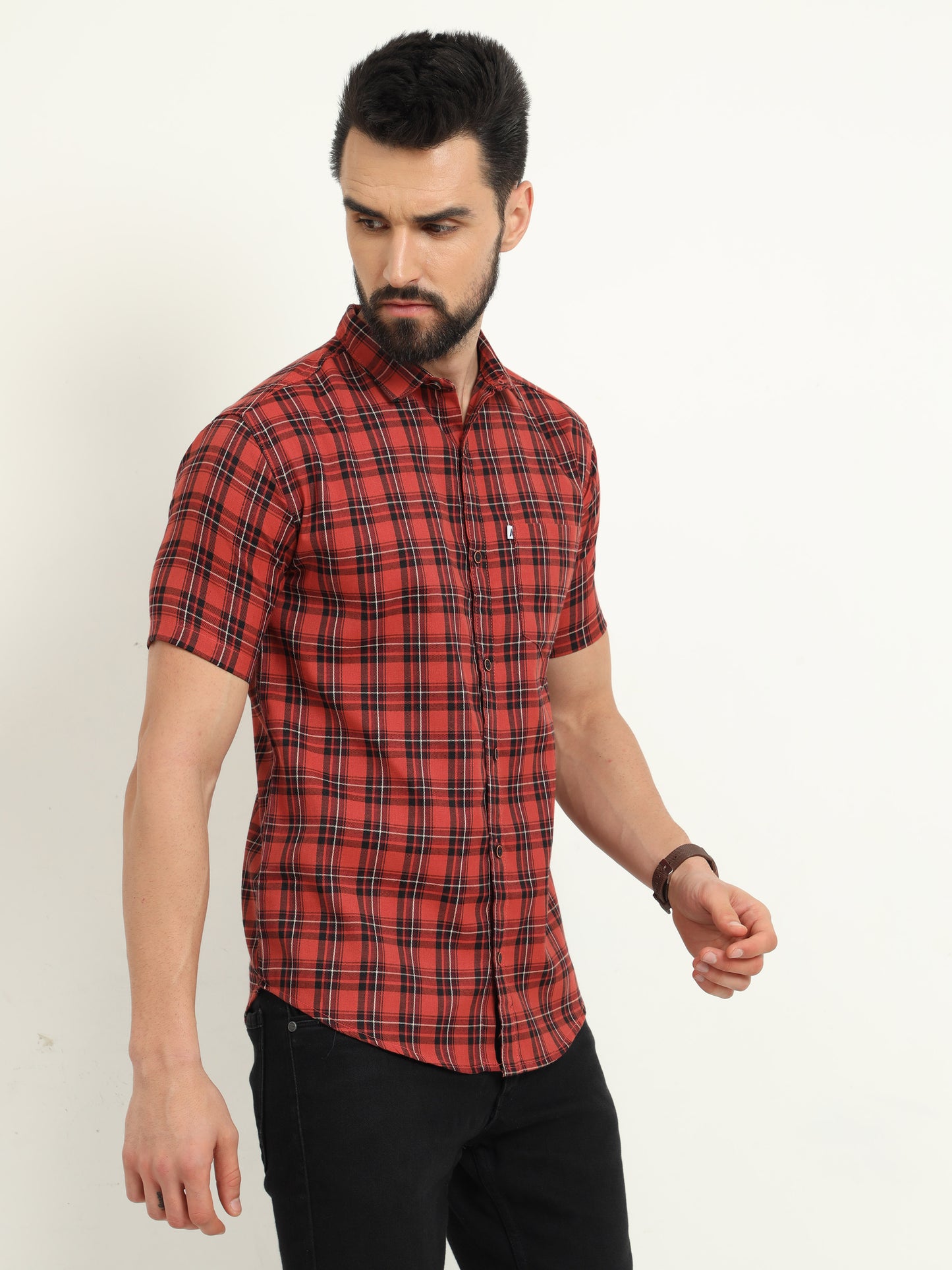 Half Sleeve Tartan Mens Orange Check Shirt Regular Fit