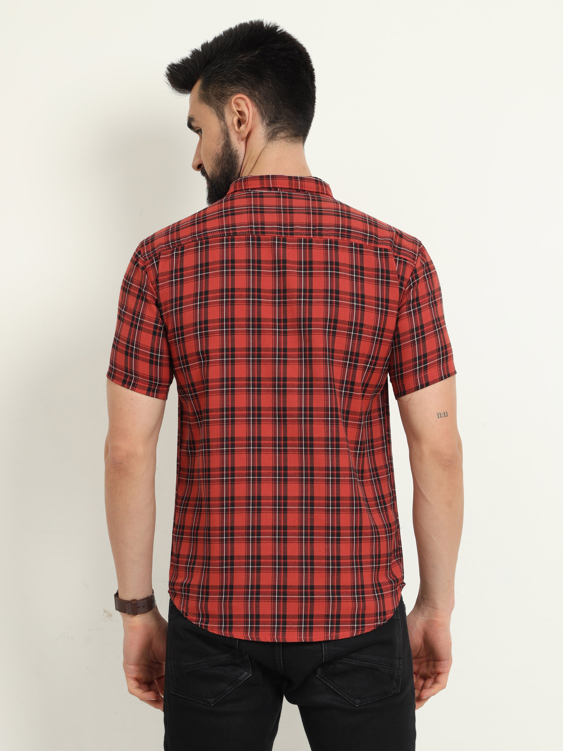 Half Sleeve Tartan Mens Orange Check Shirt Regular Fit