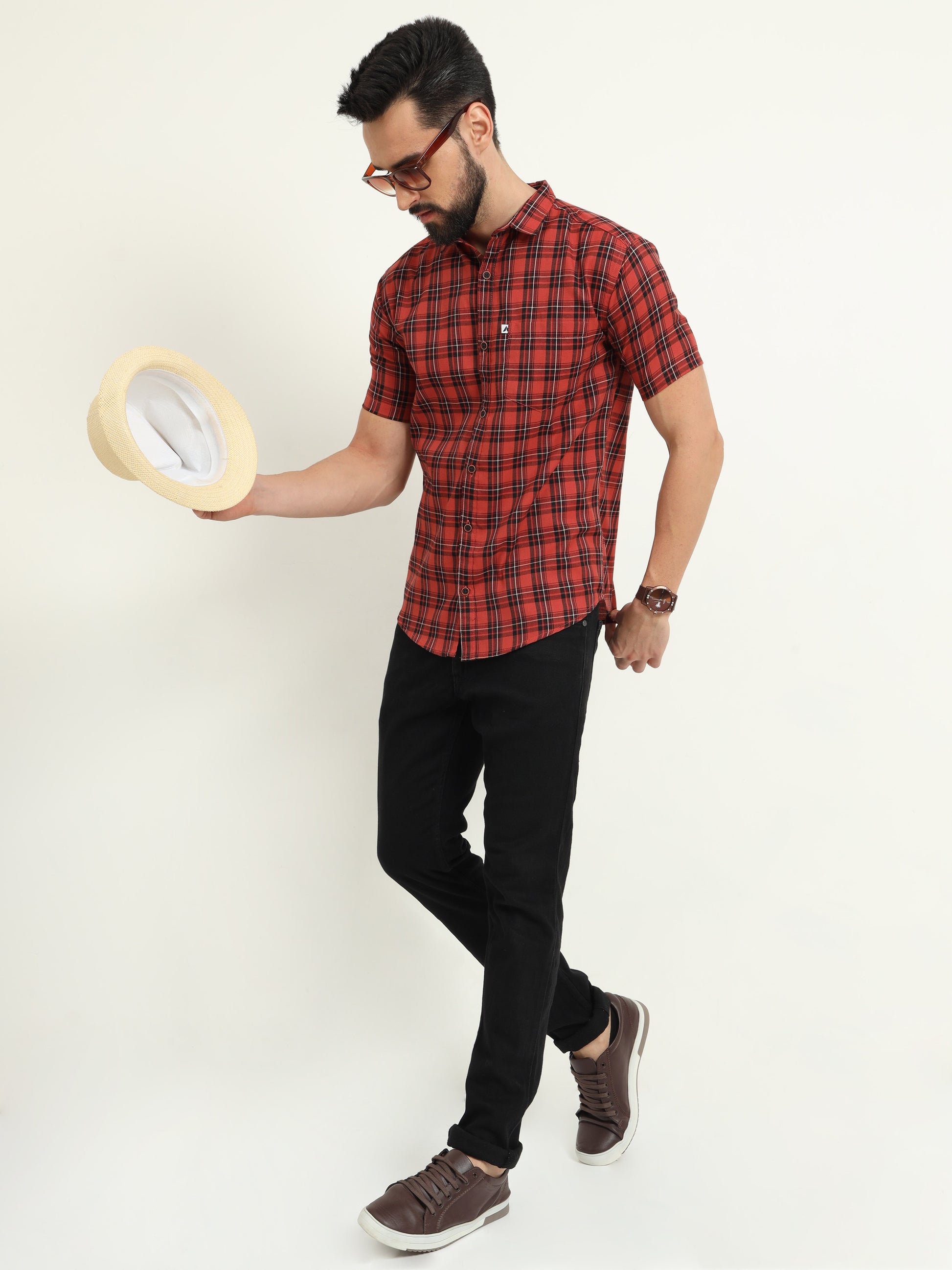 Half Sleeve Tartan Mens Orange Check Shirt Regular Fit