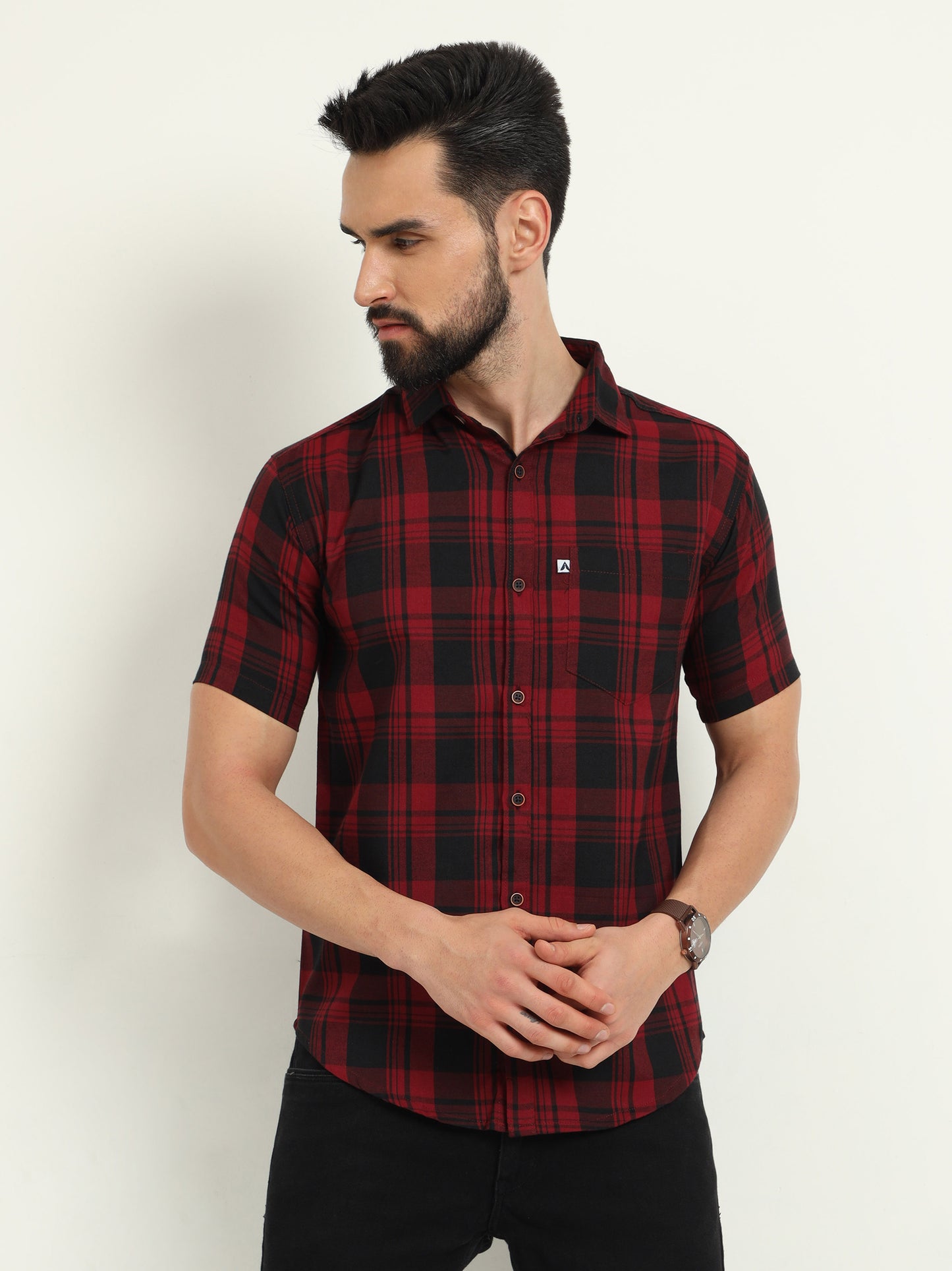 Half Sleeve Cotton Blend Wanted Red Check Shirt Men