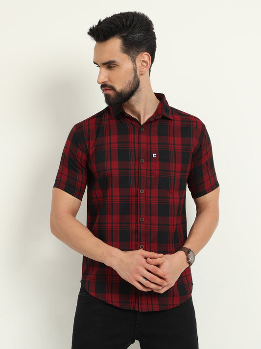 Half Sleeve Cotton Blend Wanted Red Check Shirt Men