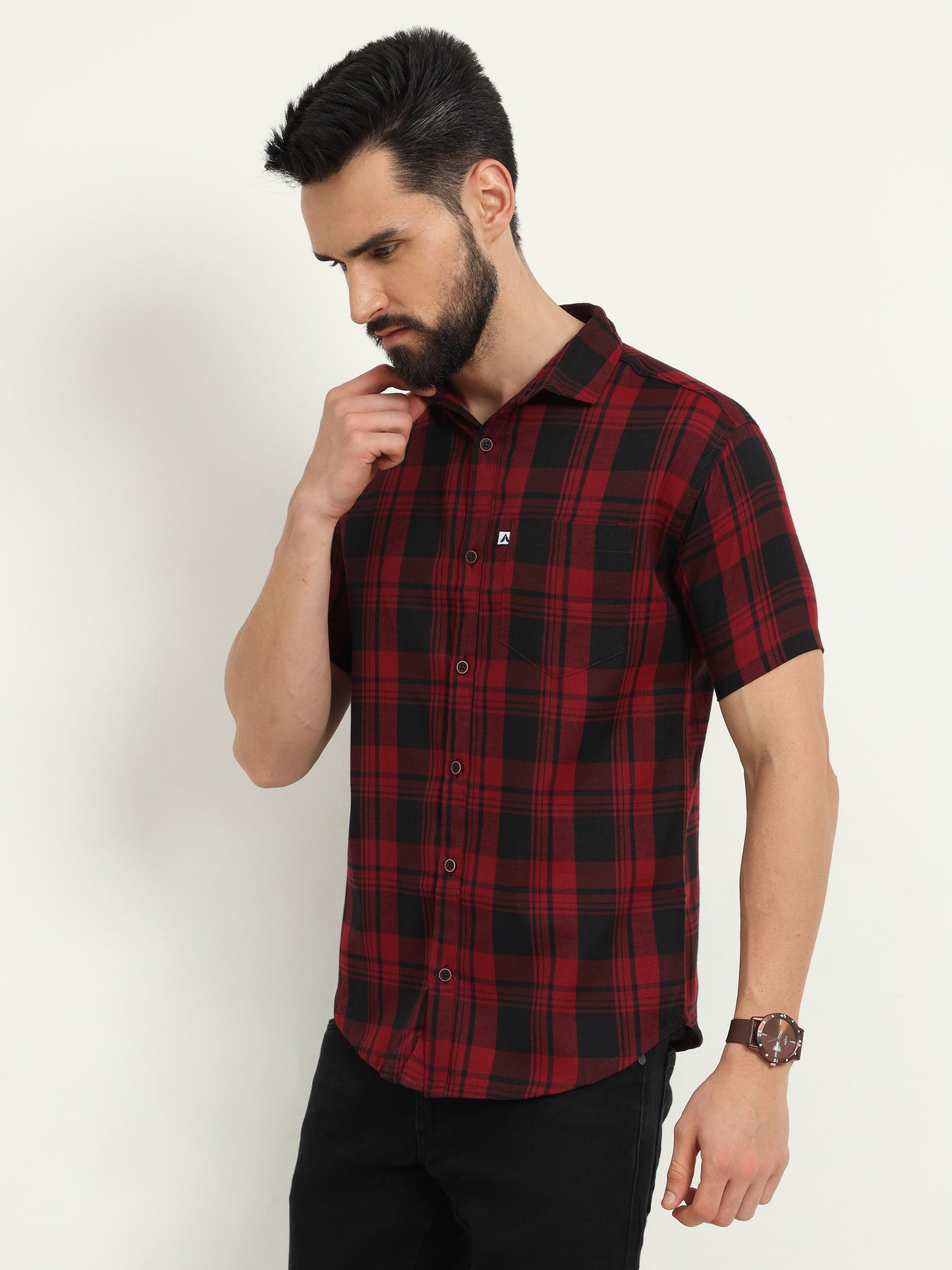 Half Sleeve Cotton Blend Wanted Red Check Shirt Men